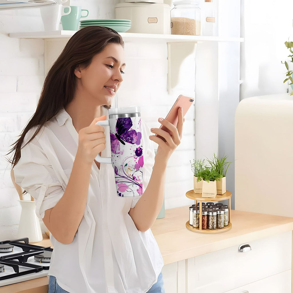 40 oz Insulated Stainless Steel Tumbler Double Wall Stainless Steel Tumbler with 2-Way Drinking Purple Butterfly - Pick 264