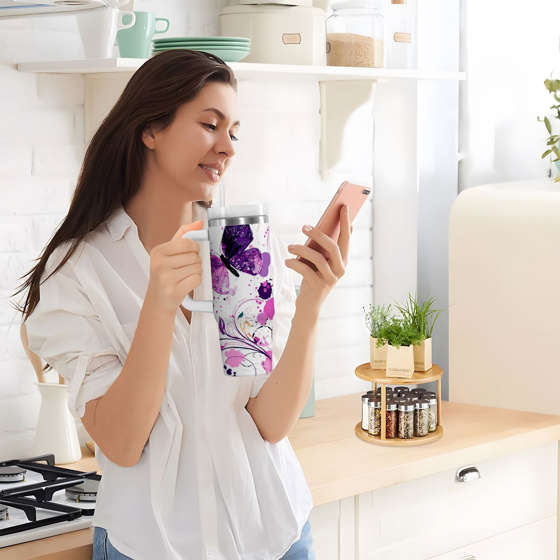 40 oz Insulated Stainless Steel Tumbler Double Wall Stainless Steel Tumbler with 2-Way Drinking Purple Butterfly - Pick 264
