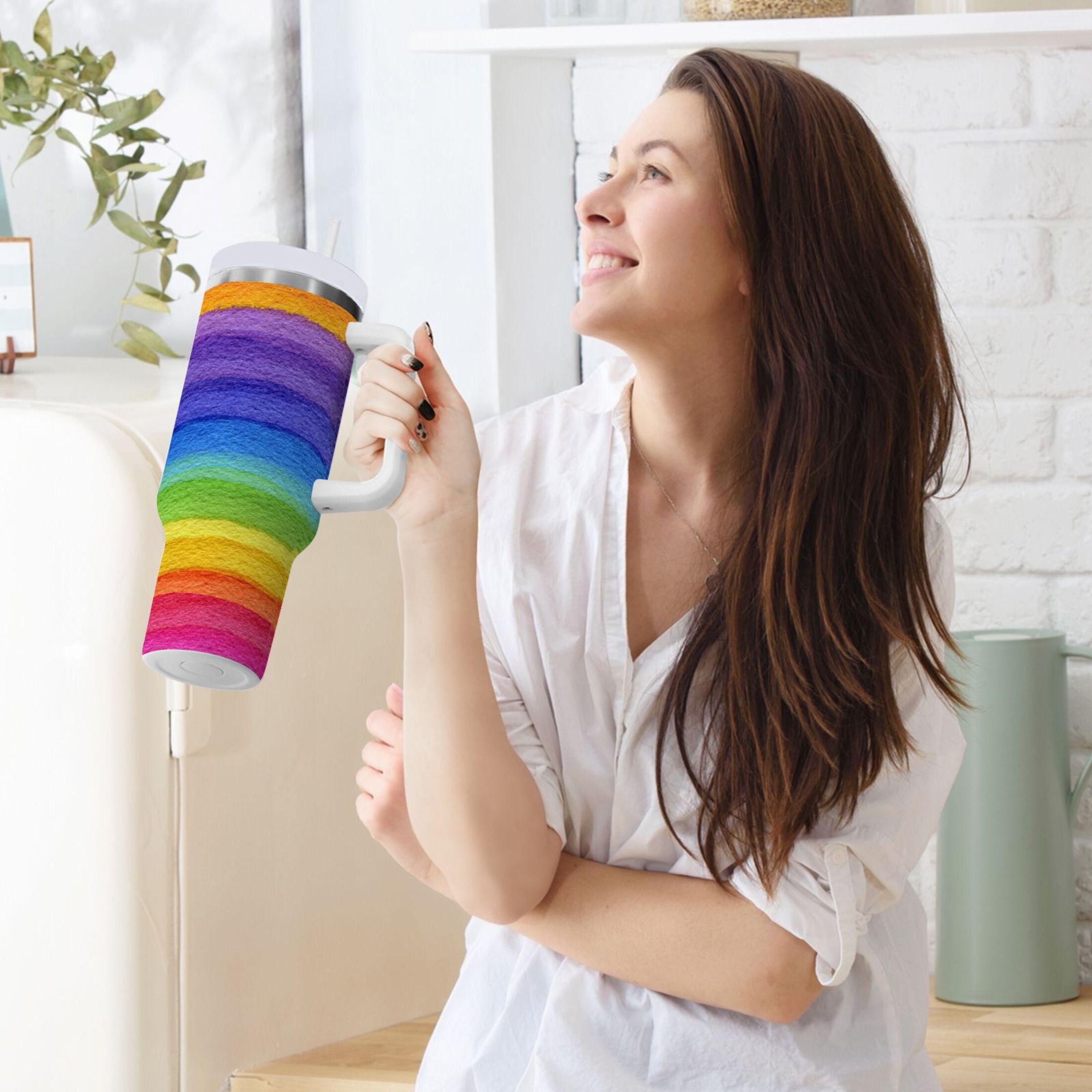 30 oz Insulated Stainless Steel Tumbler Double Wall Stainless Steel Tumbler with 2-Way Drinking Watercolor Rainbow Colors - Pick 986