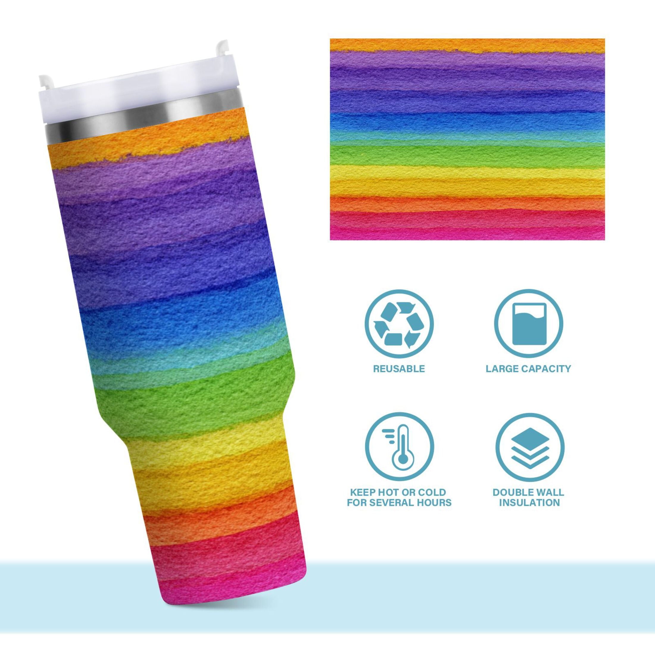 30 oz Insulated Stainless Steel Tumbler Double Wall Stainless Steel Tumbler with 2-Way Drinking Watercolor Rainbow Colors - Pick 986