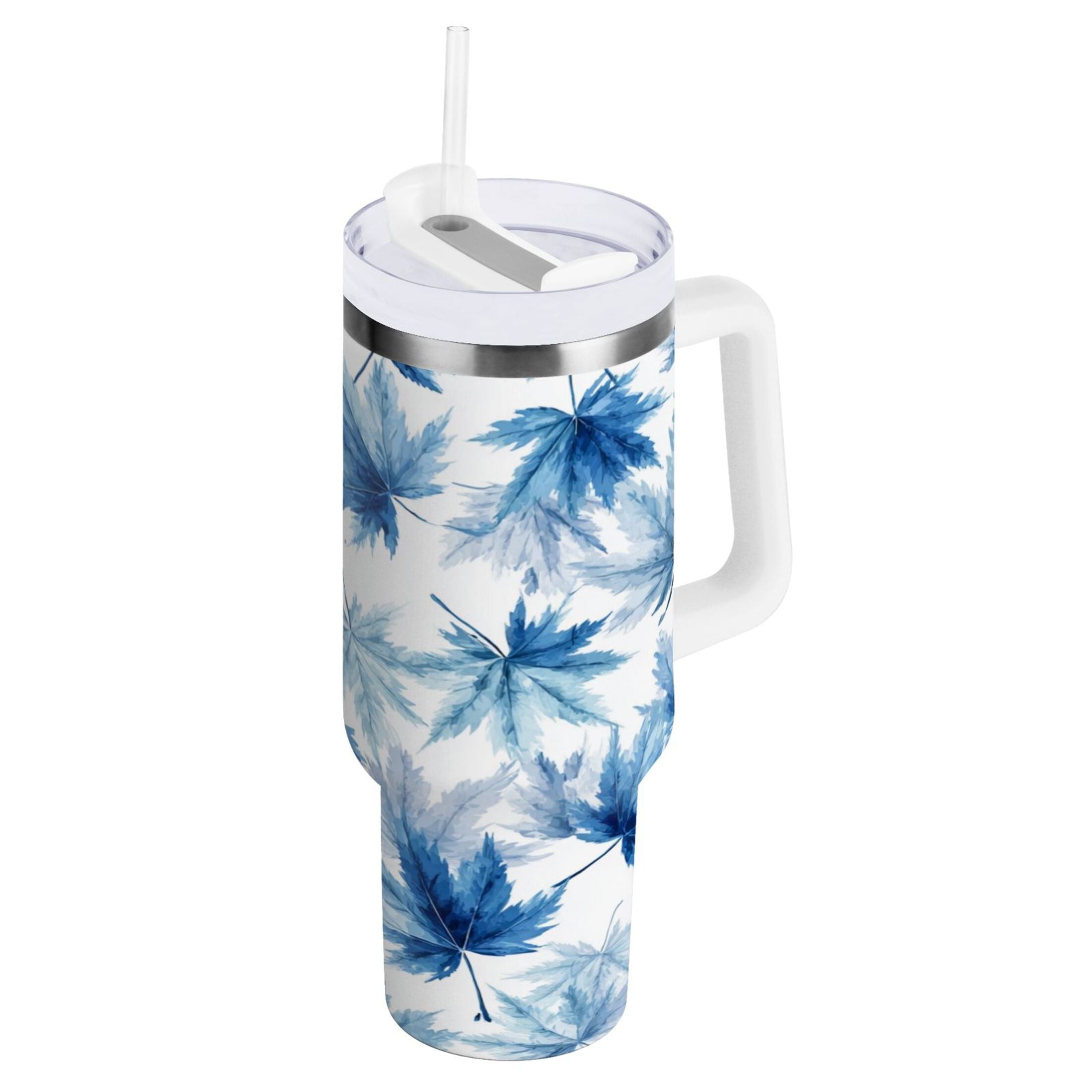 30 oz Insulated Stainless Steel Tumbler Double Wall Stainless Steel Tumbler with 2-Way Drinking Abstract Blue Maple Leaves - Pick 826