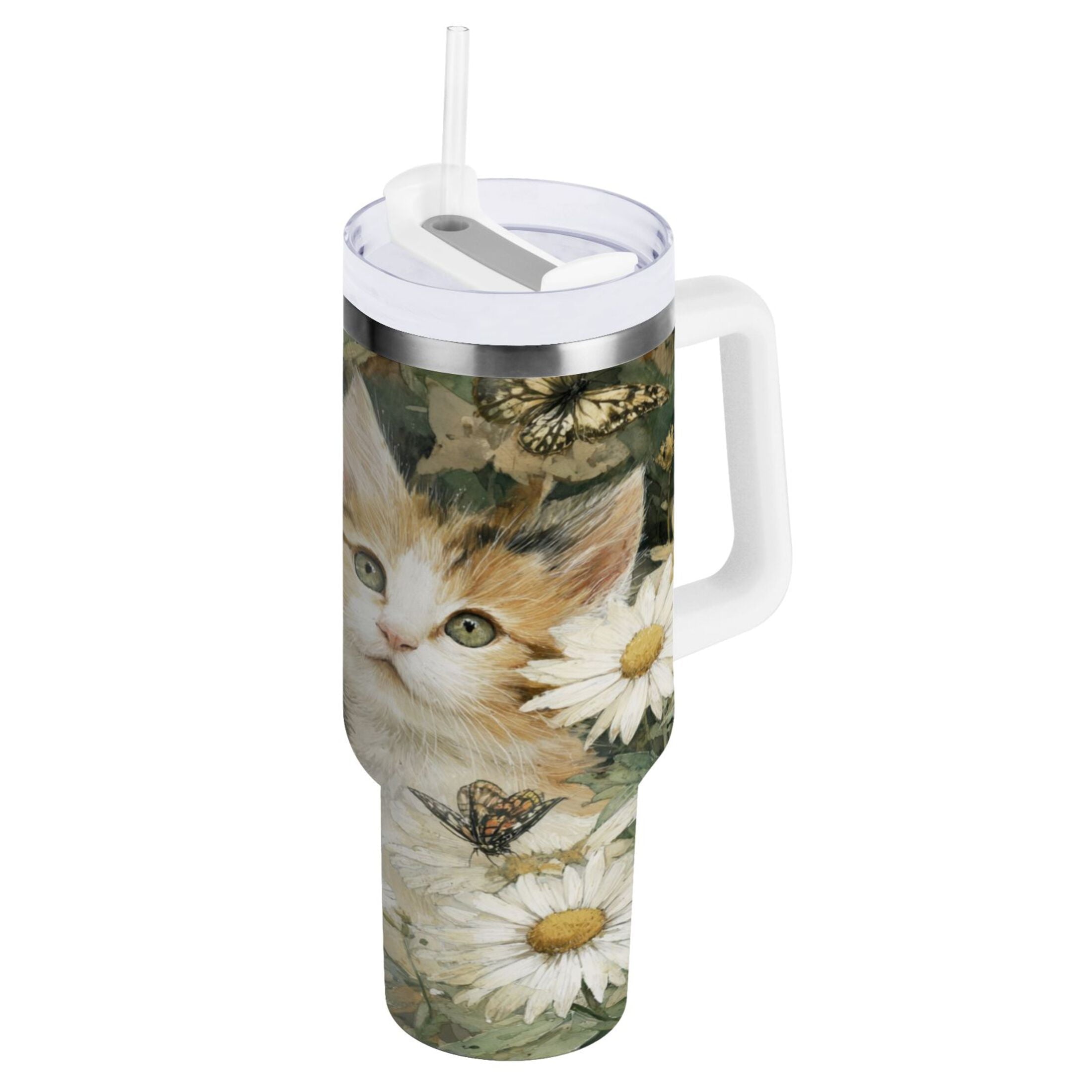 30 oz Insulated Stainless Steel Tumbler Double Wall Stainless Steel Tumbler with 2-Way Drinking Adorable Cats and Daisies - Pick 827