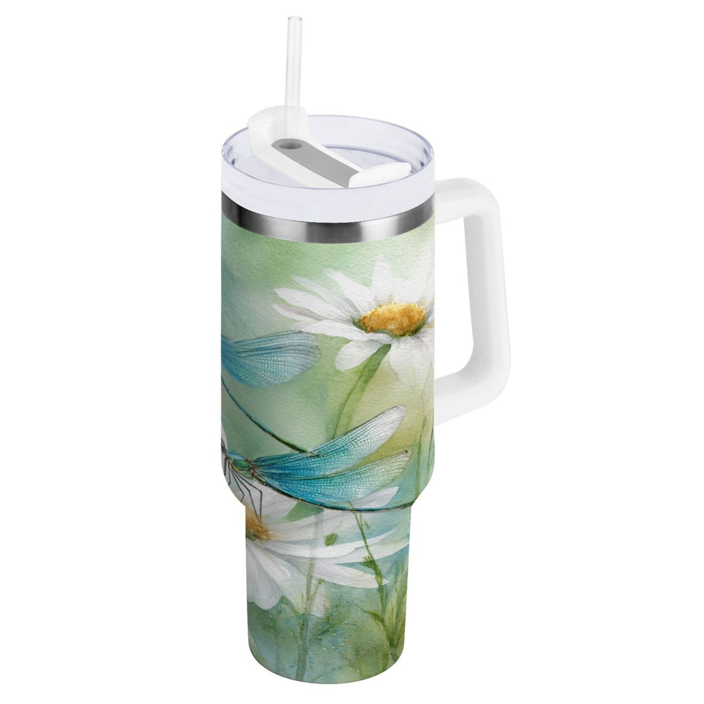 30 oz Insulated Stainless Steel Tumbler Double Wall Stainless Steel Tumbler with 2-Way Drinking Beautiful Dragonflies and Daisies - Pick 172