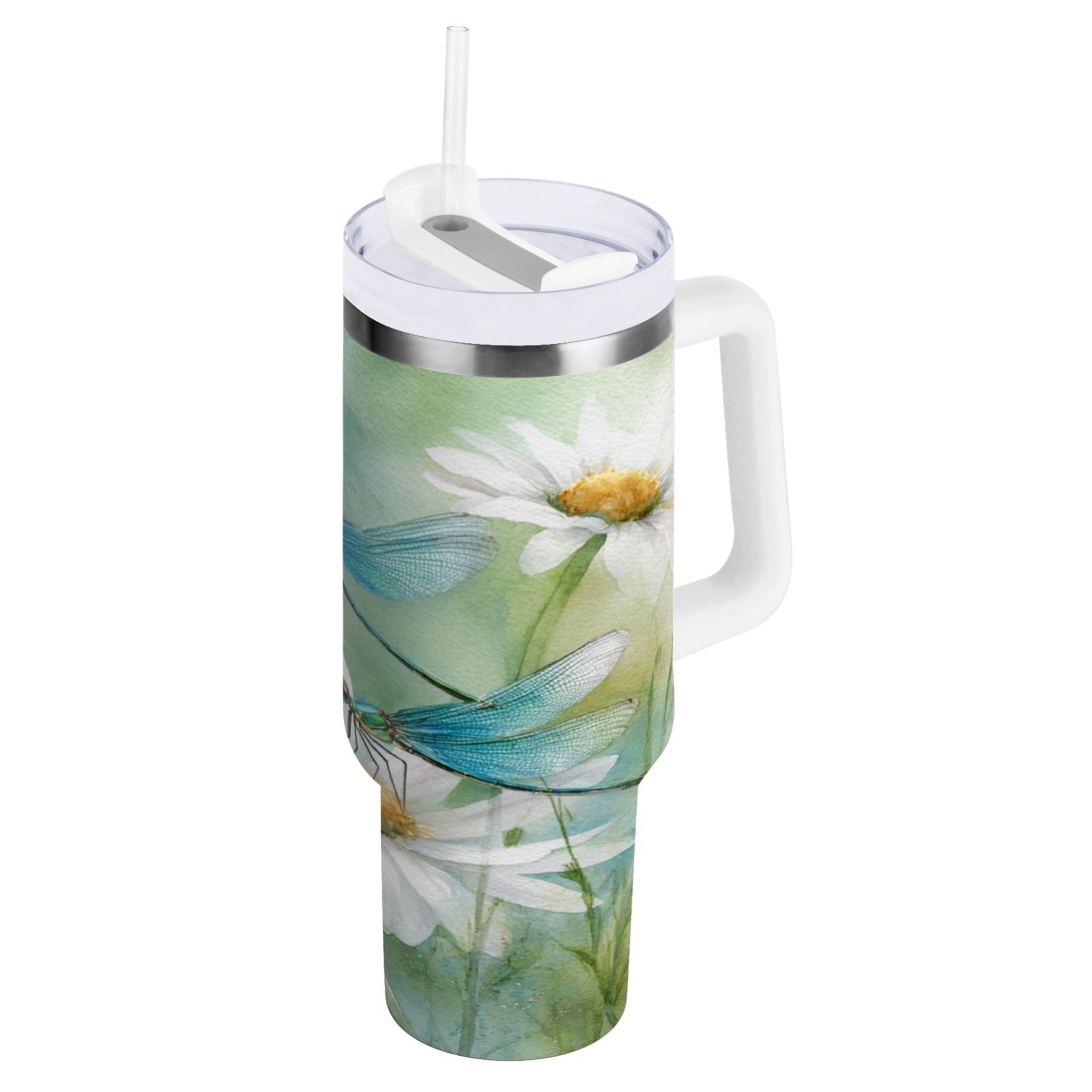 30 oz Insulated Stainless Steel Tumbler Double Wall Stainless Steel Tumbler with 2-Way Drinking Beautiful Dragonflies and Daisies - Pick 172