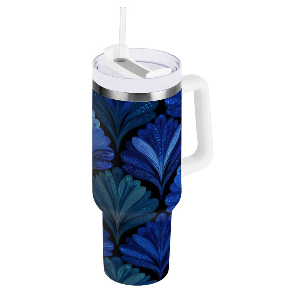 30 oz Insulated Stainless Steel Tumbler Double Wall Stainless Steel Tumbler with 2-Way Drinking Blue Batik Leaves Pattern - Pick 501