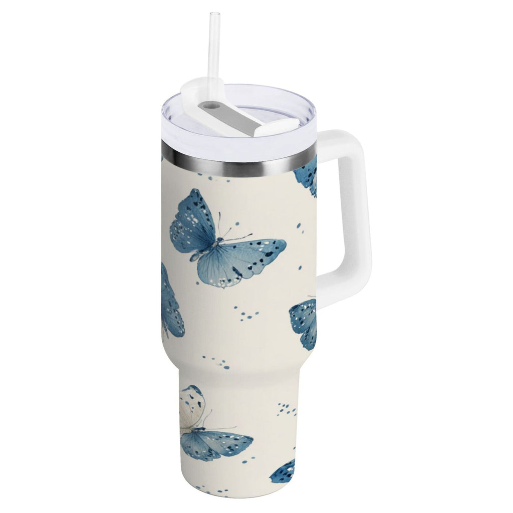 30 oz Insulated Stainless Steel Tumbler Double Wall Stainless Steel Tumbler with 2-Way Drinking Blue Watercolor Butterflies - Pick 444