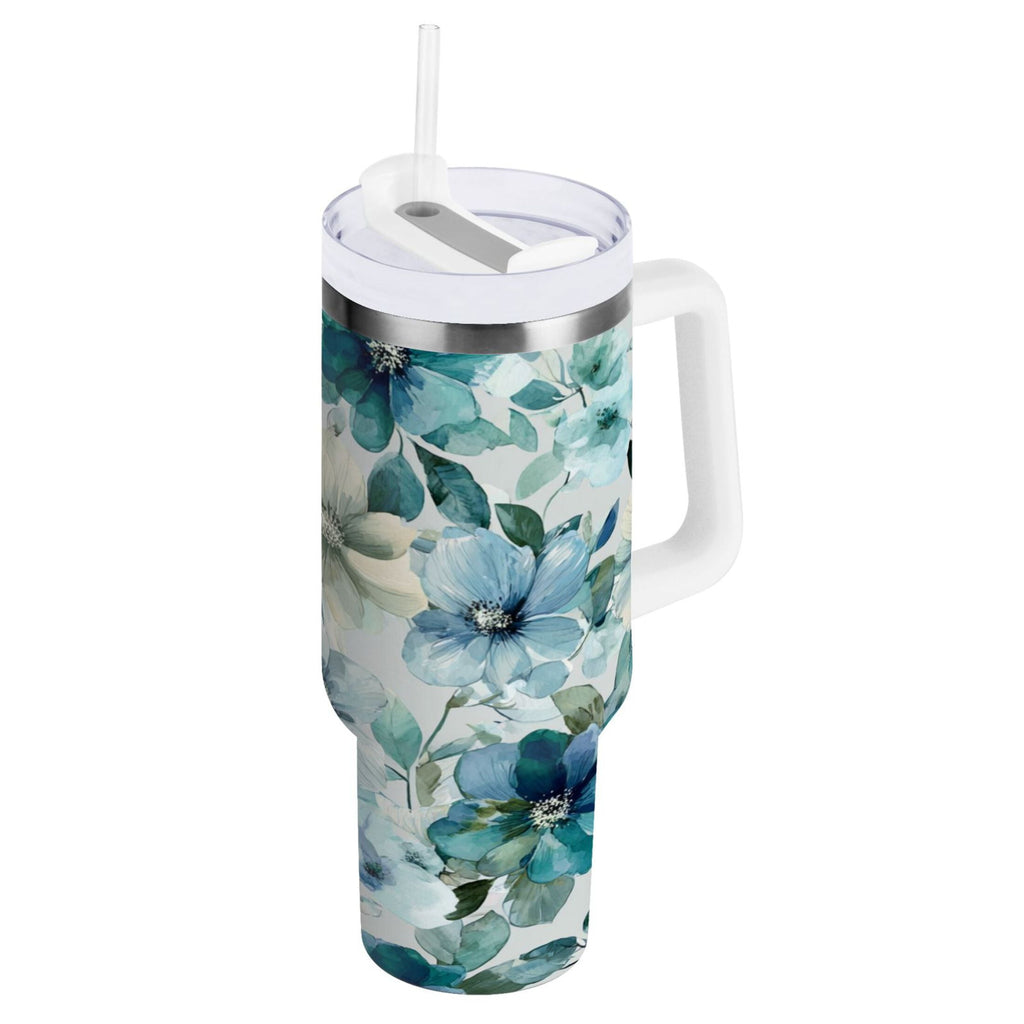30 oz Insulated Stainless Steel Tumbler Double Wall Stainless Steel Tumbler with 2-Way Drinking Blue and Green Flowers - Pick 226