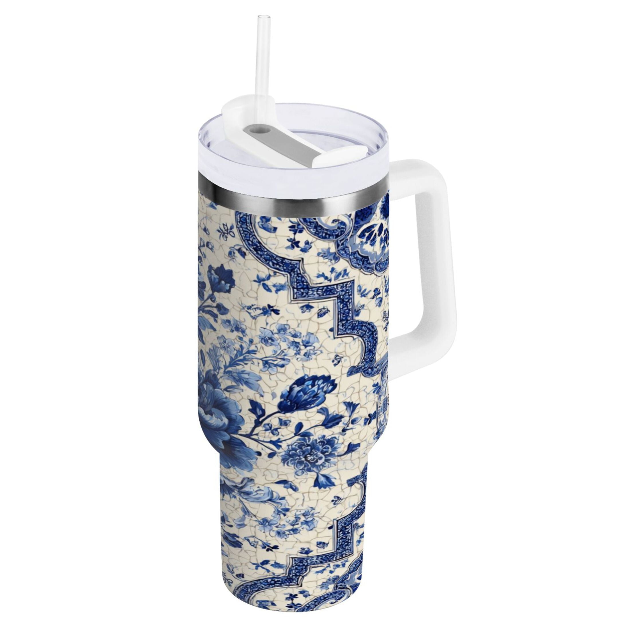 30 oz Insulated Stainless Steel Tumbler Double Wall Stainless Steel Tumbler with 2-Way Drinking Blue and White Porcelain-style - Pick 882