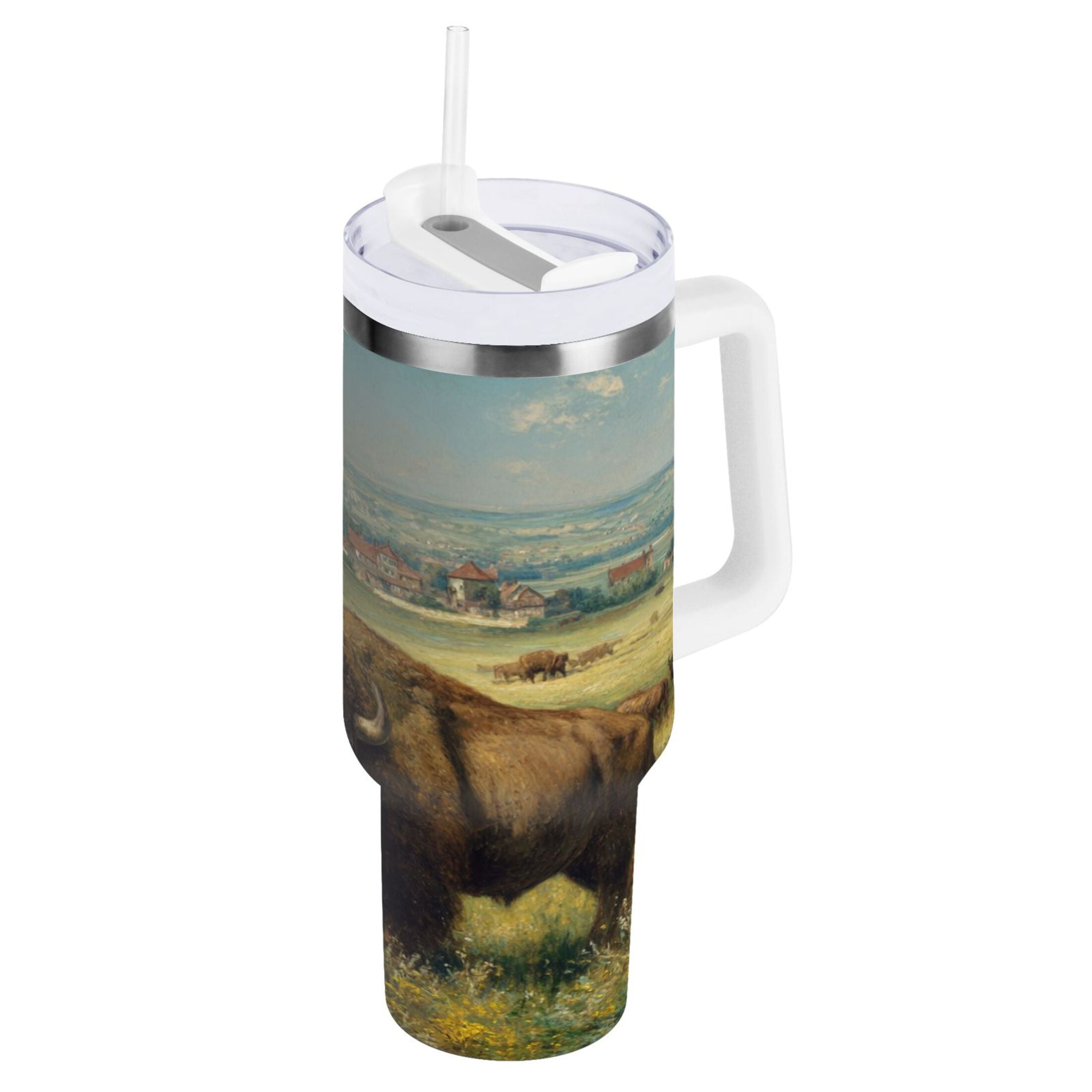 30 oz Insulated Stainless Steel Tumbler Double Wall Stainless Steel Tumbler with 2-Way Drinking Buffalo Herd Oil Painting - Pick 629