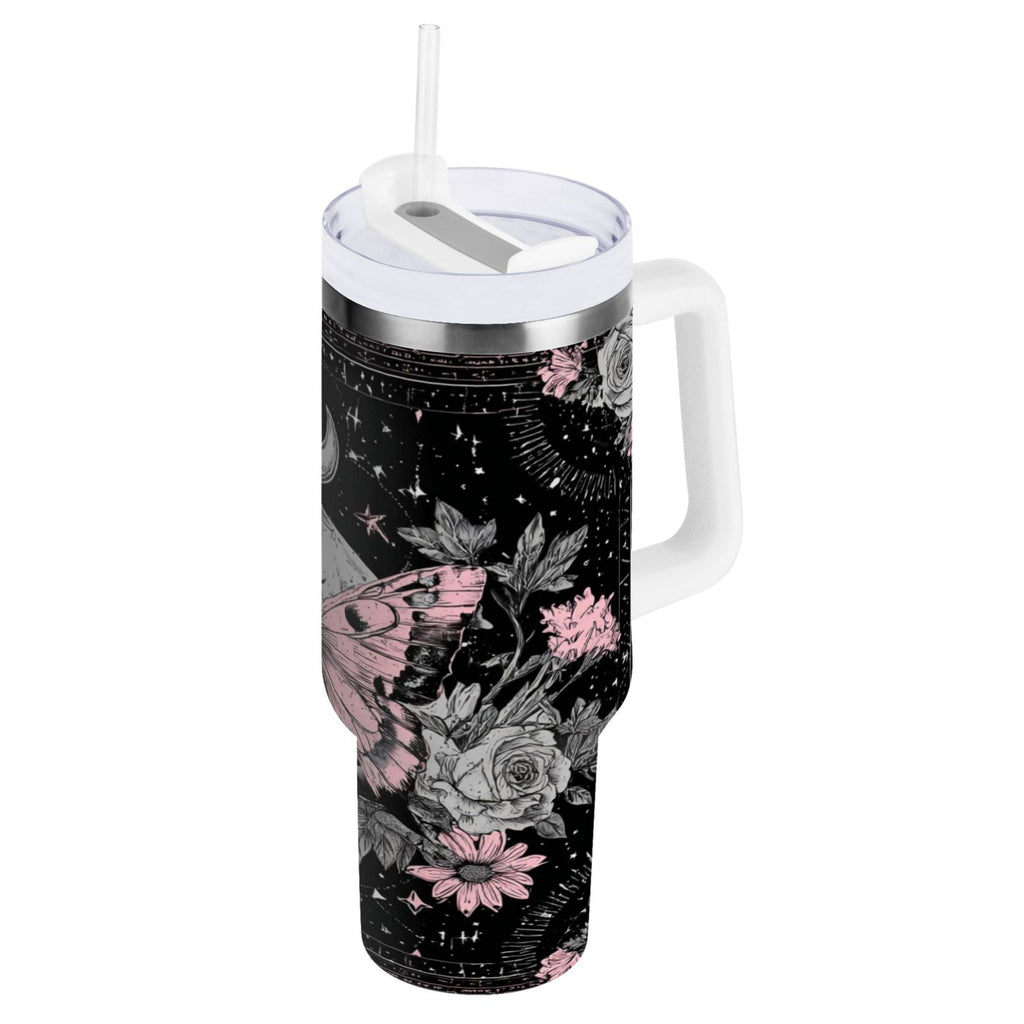 30 oz Insulated Stainless Steel Tumbler Double Wall Stainless Steel Tumbler with 2-Way Drinking Butterfly by Moon and Flowers - Pick 931