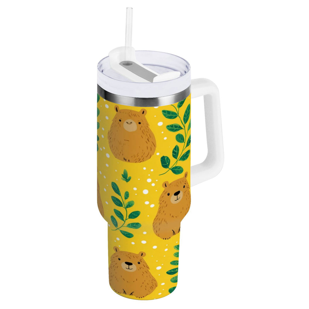 30 oz Insulated Stainless Steel Tumbler Double Wall Stainless Steel Tumbler with 2-Way Drinking Capybara and Green Leaves - Pick 608