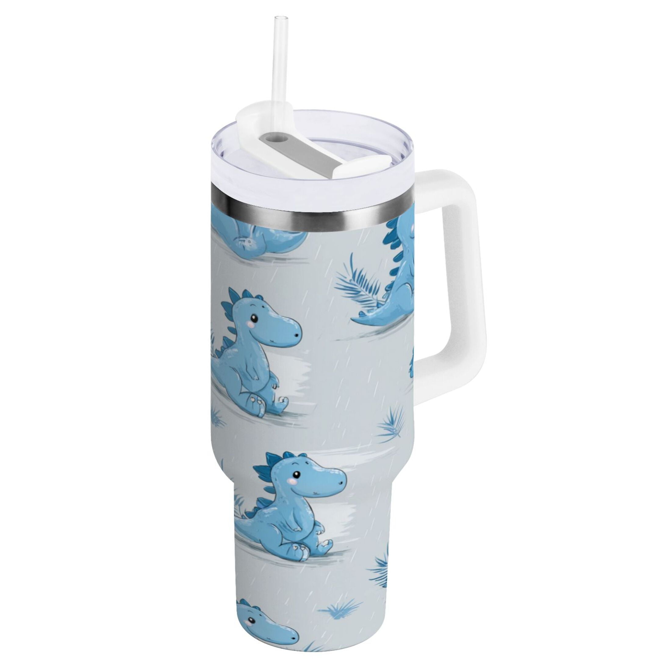 30 oz Insulated Stainless Steel Tumbler Double Wall Stainless Steel Tumbler with 2-Way Drinking Cartoon Blue Dinosaurs - Pick 582