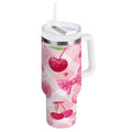 30 oz Insulated Stainless Steel Tumbler Double Wall Stainless Steel Tumbler with 2-Way Drinking Cherry and Pink Bow Pattern - Pick 760