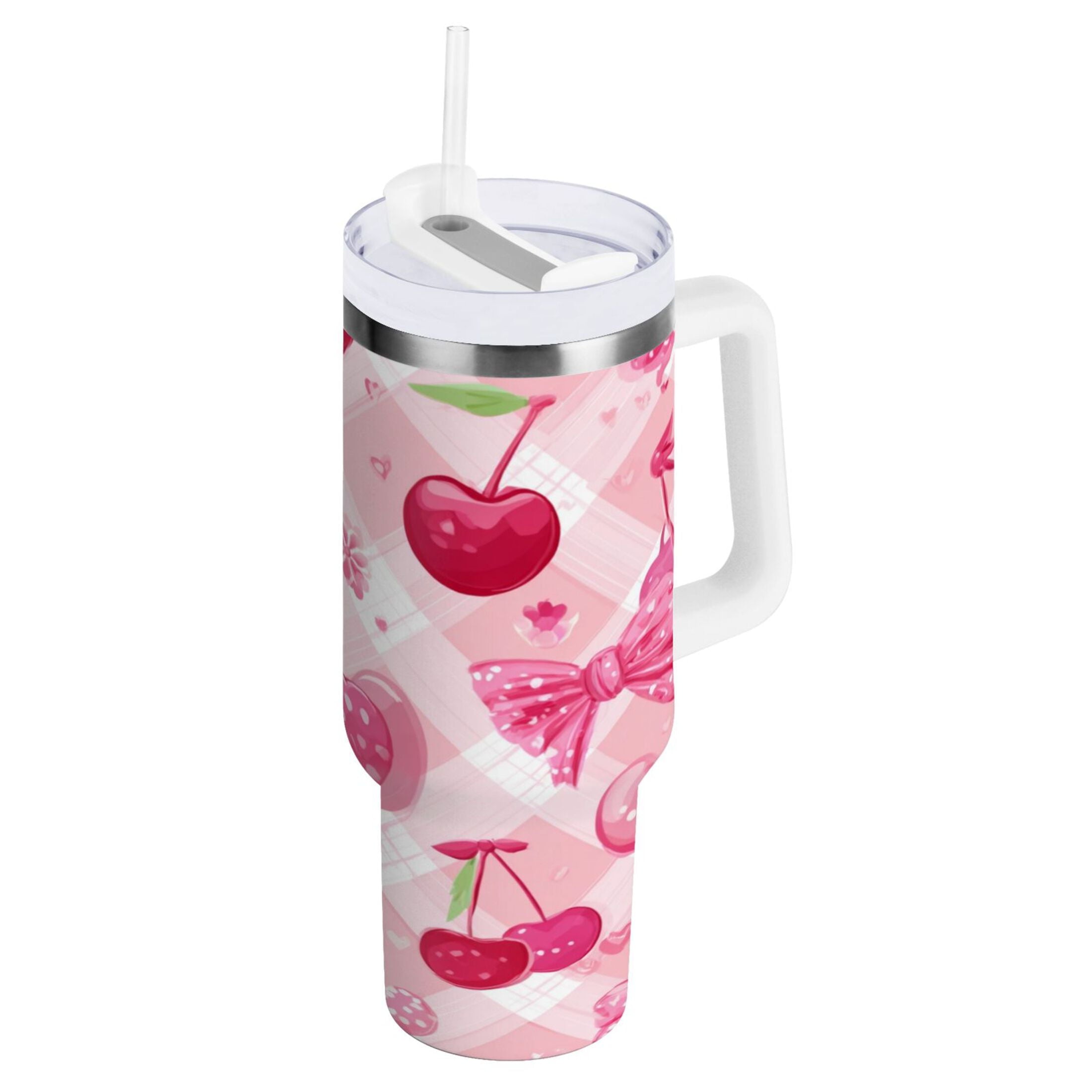 30 oz Insulated Stainless Steel Tumbler Double Wall Stainless Steel Tumbler with 2-Way Drinking Cherry and Pink Bow Pattern - Pick 760