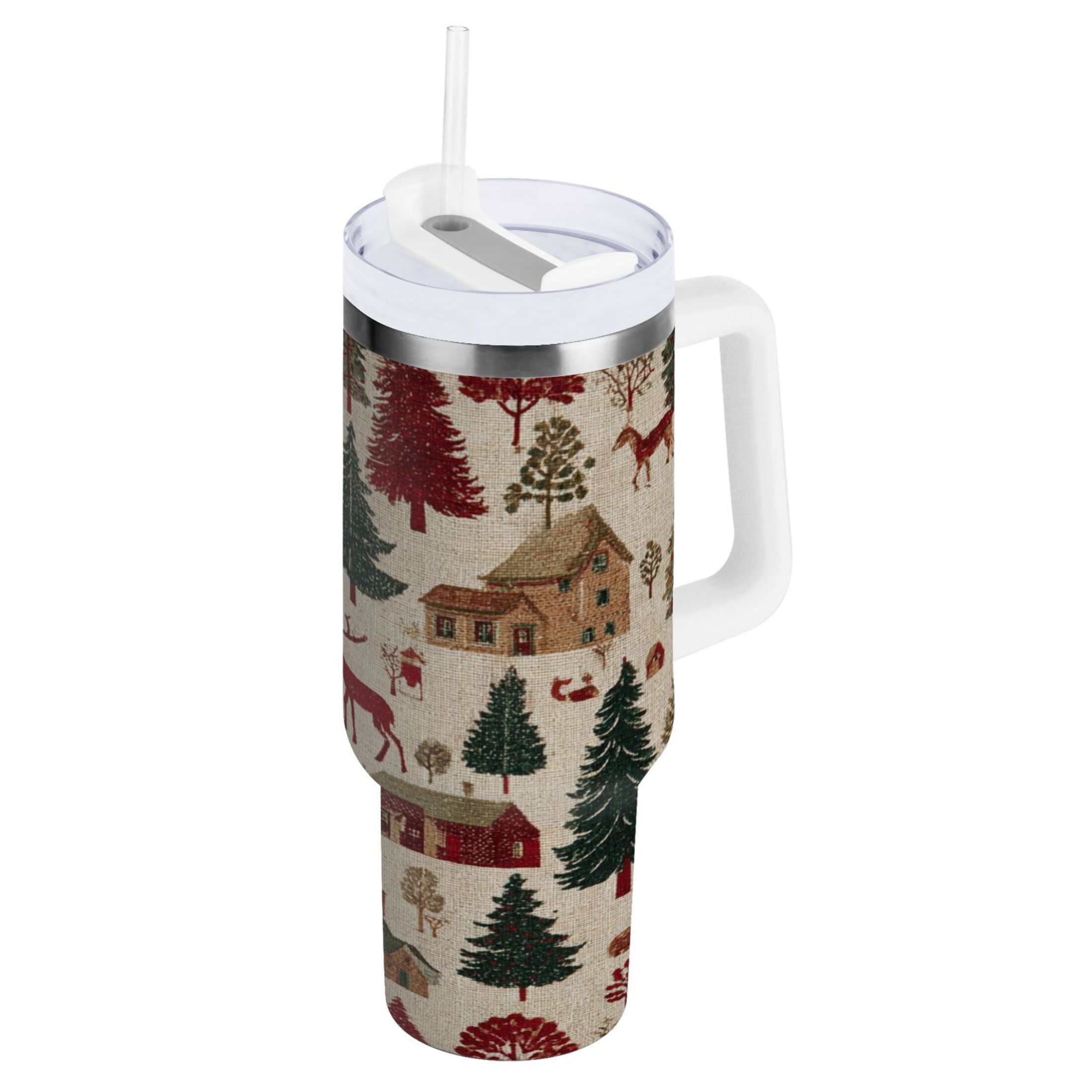 30 oz Insulated Stainless Steel Tumbler Double Wall Stainless Steel Tumbler with 2-Way Drinking Christmas Trees Deer and Houses - Pick 981