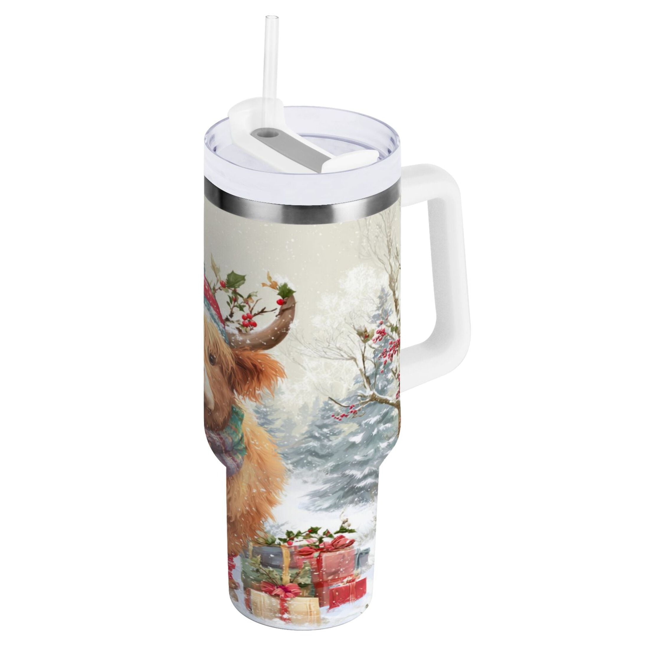 30 oz Insulated Stainless Steel Tumbler Double Wall Stainless Steel Tumbler with 2-Way Drinking Cow Wearing Christmas Hat - Pick 808