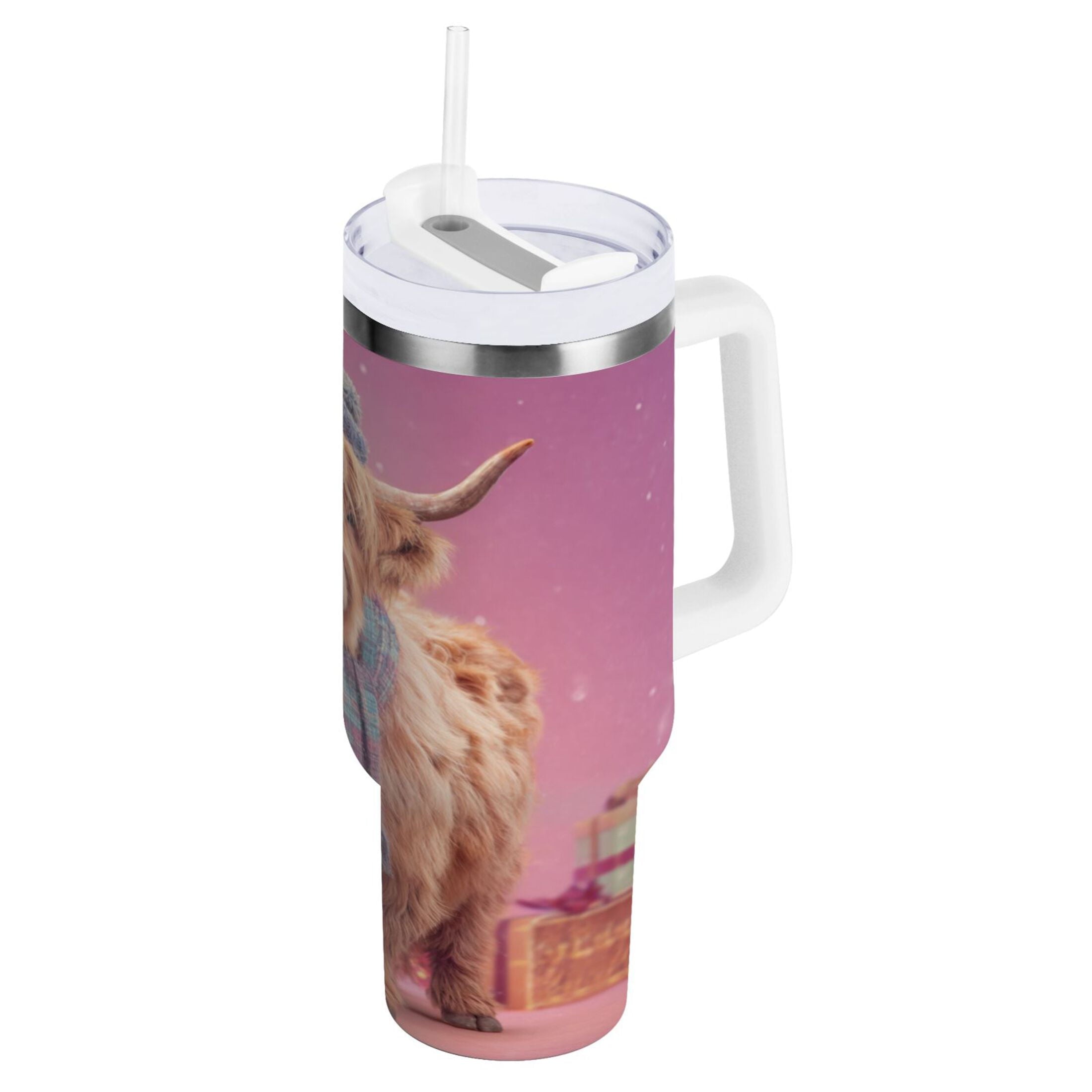 30 oz Insulated Stainless Steel Tumbler Double Wall Stainless Steel Tumbler with 2-Way Drinking Cow Wearing Christmas - Pick 543