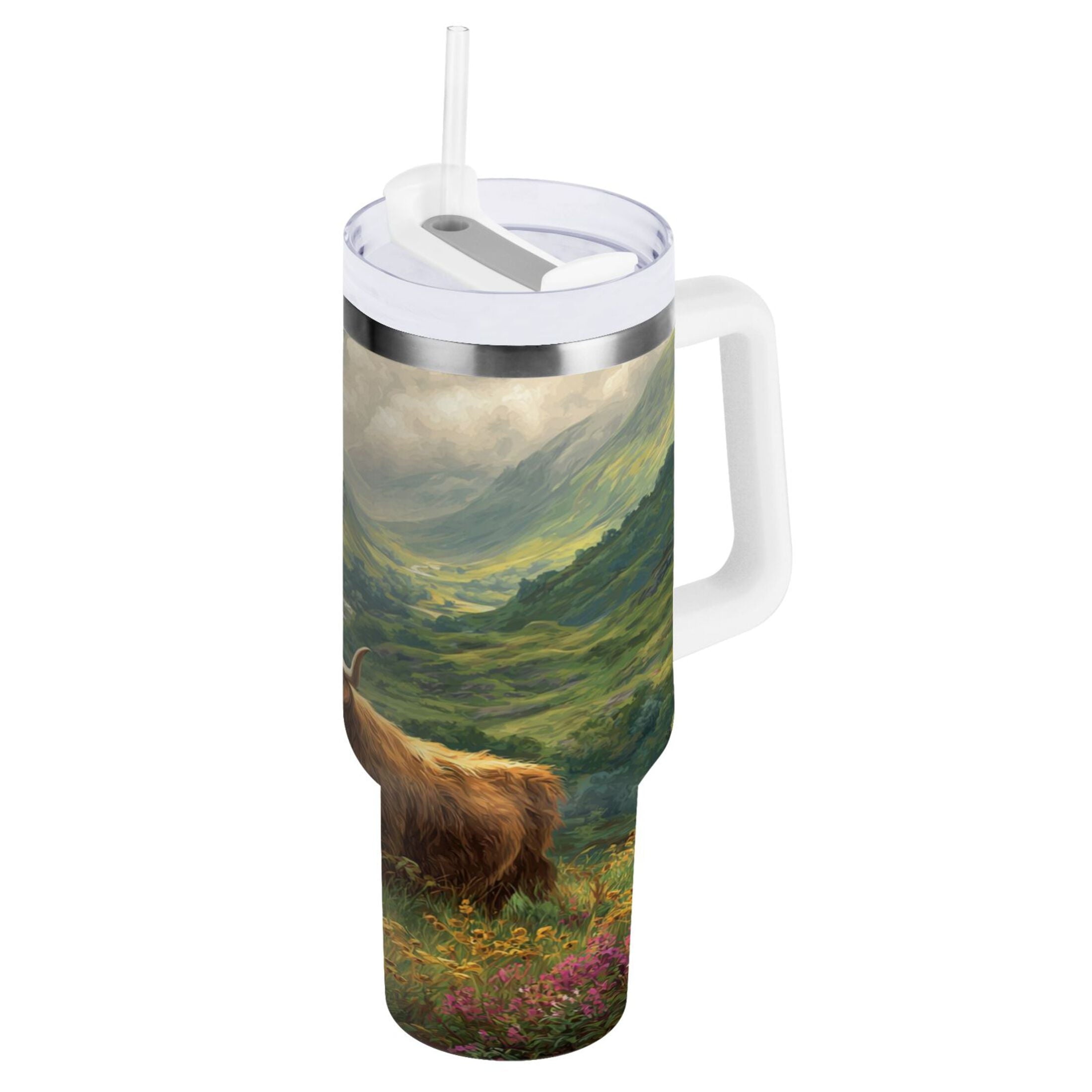 30 oz Insulated Stainless Steel Tumbler Double Wall Stainless Steel Tumbler with 2-Way Drinking Cow in Green Rolling Hills - Pick 393