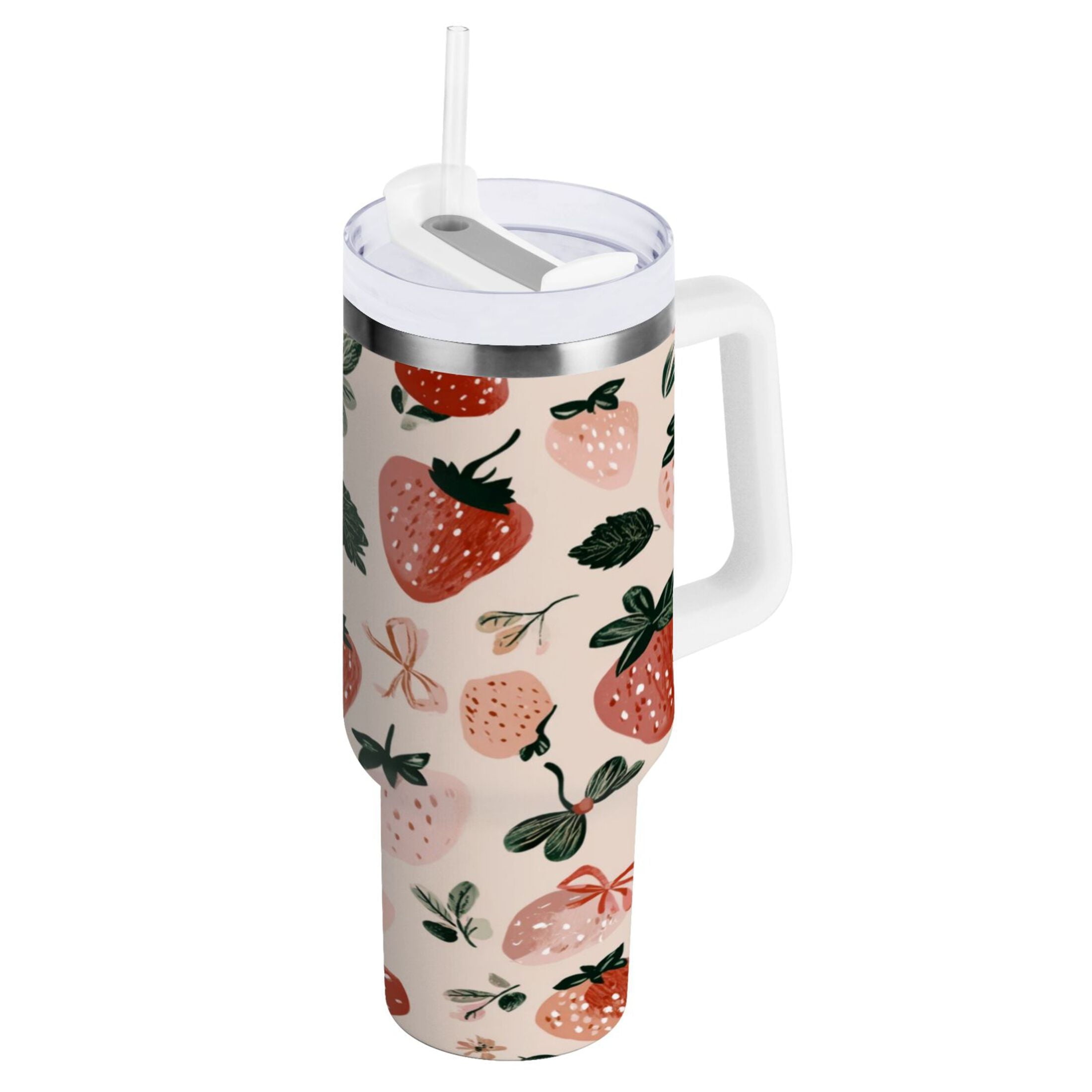 30 oz Insulated Stainless Steel Tumbler Double Wall Stainless Steel Tumbler with 2-Way Drinking Cute Pinks Strawberries - Pick 262