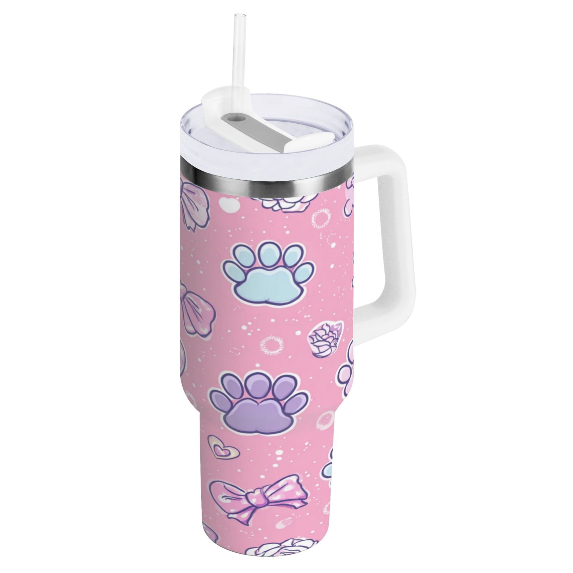 30 oz Insulated Stainless Steel Tumbler Double Wall Stainless Steel Tumbler with 2-Way Drinking Dog Paw Prints and Bows - Pick 667