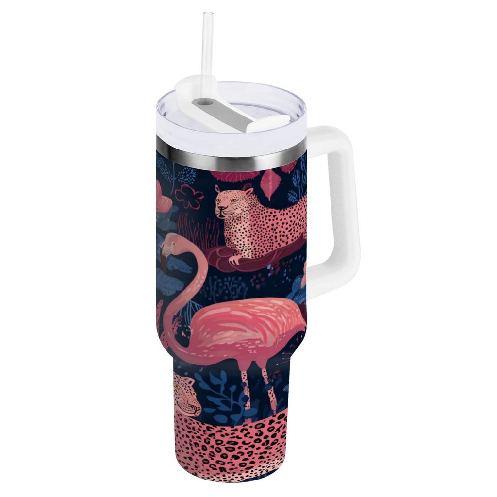 30 oz Insulated Stainless Steel Tumbler Double Wall Stainless Steel Tumbler with 2-Way Drinking Flamingos and Leopard Print - Pick 493