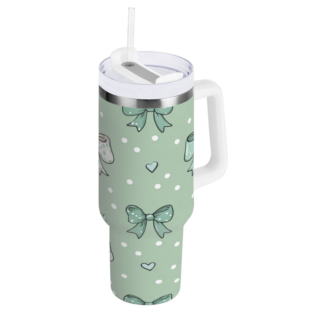 30 oz Insulated Stainless Steel Tumbler Double Wall Stainless Steel Tumbler with 2-Way Drinking Green and Mint Bows - Pick 133