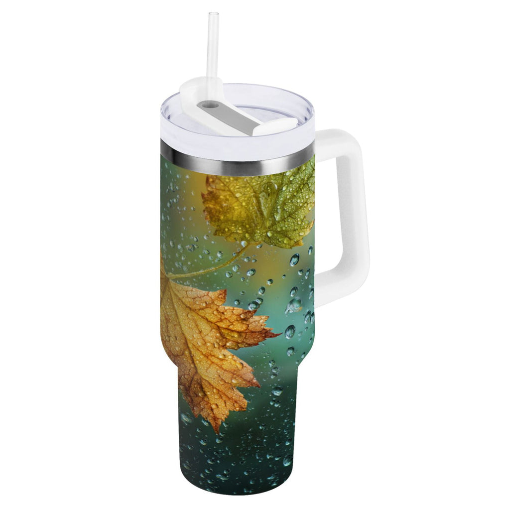 30 oz Insulated Stainless Steel Tumbler Double Wall Stainless Steel Tumbler with 2-Way Drinking Leaves with Water Droplets - Pick 915