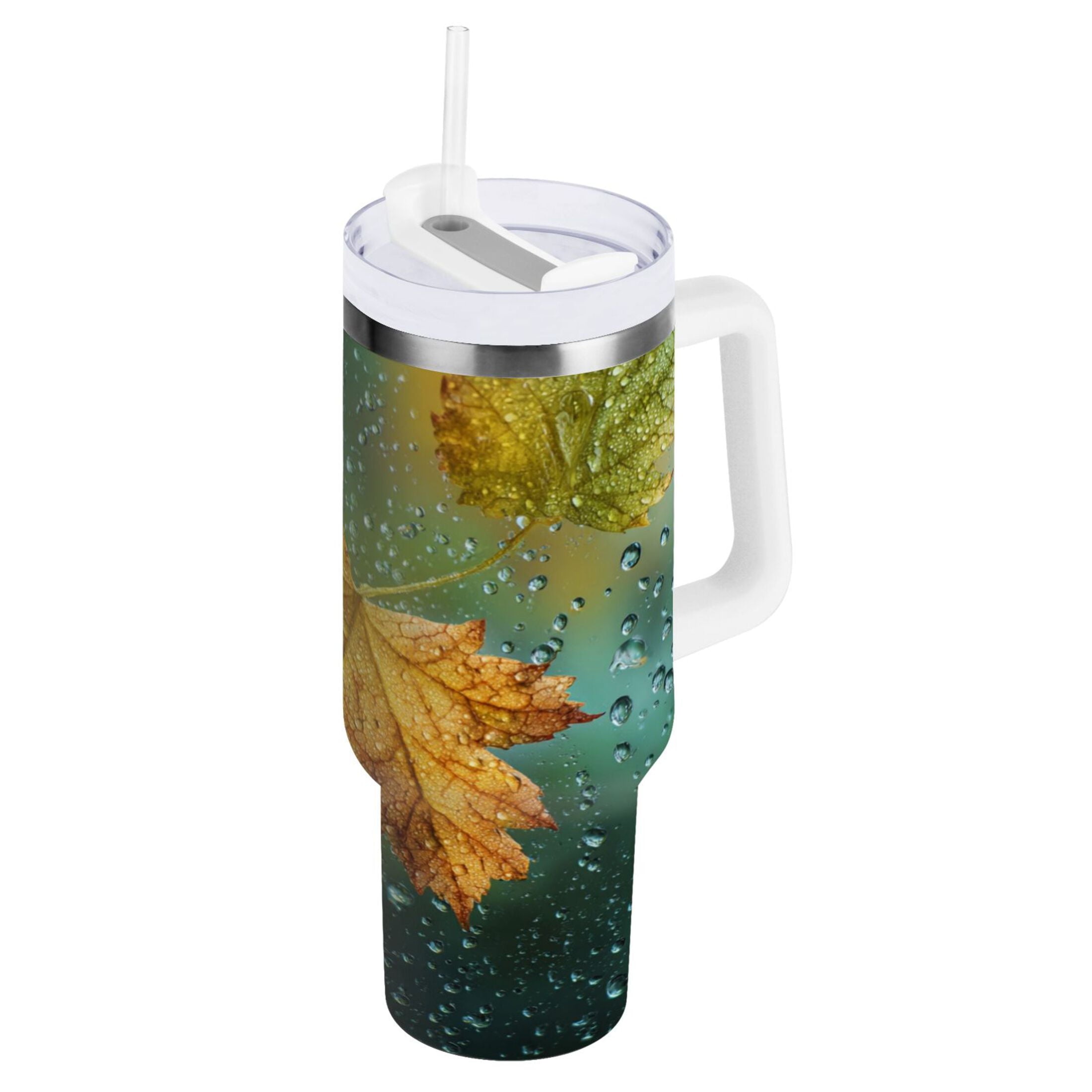 30 oz Insulated Stainless Steel Tumbler Double Wall Stainless Steel Tumbler with 2-Way Drinking Leaves with Water Droplets - Pick 915
