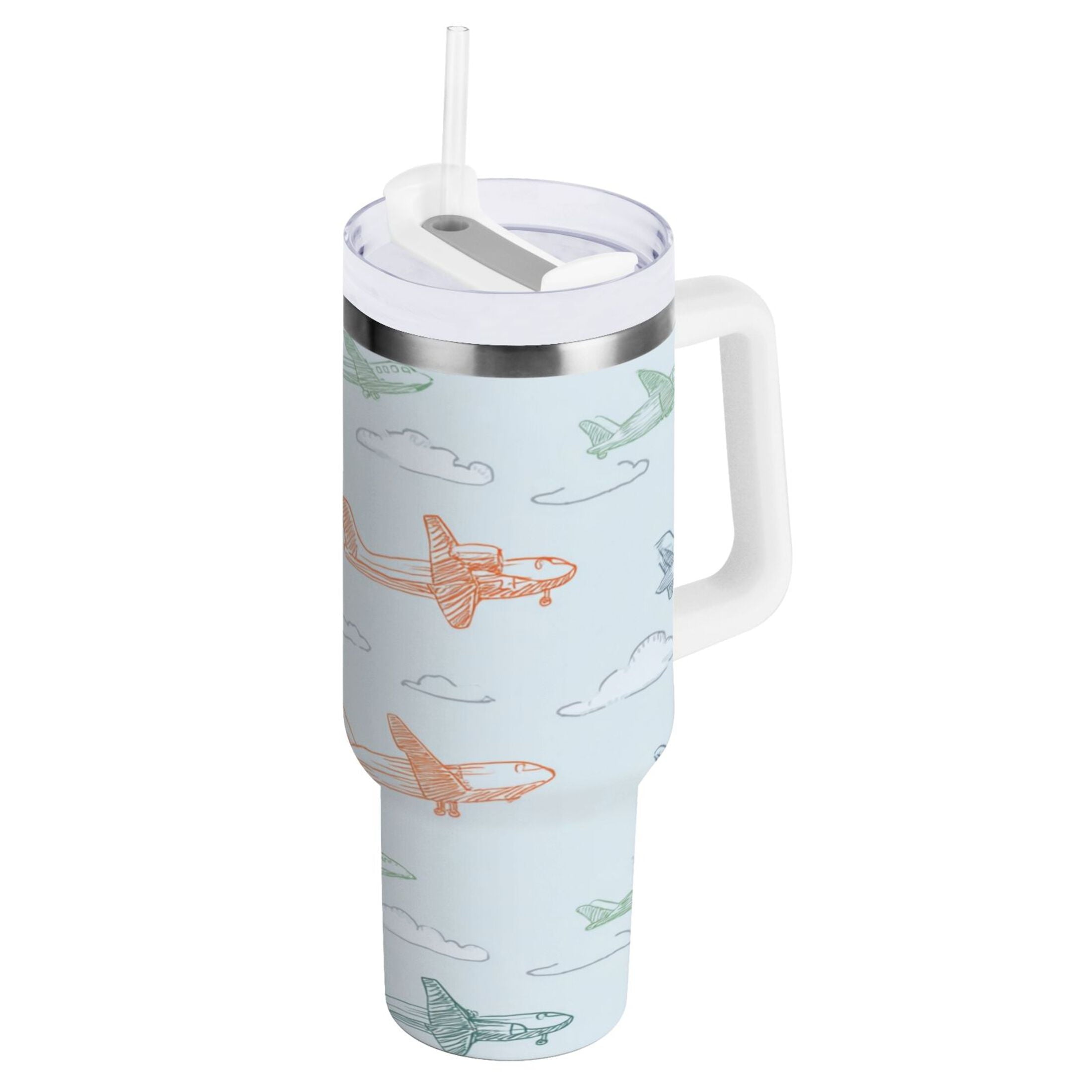30 oz Insulated Stainless Steel Tumbler Double Wall Stainless Steel Tumbler with 2-Way Drinking Pastel Doodle Airplanes - Pick 332
