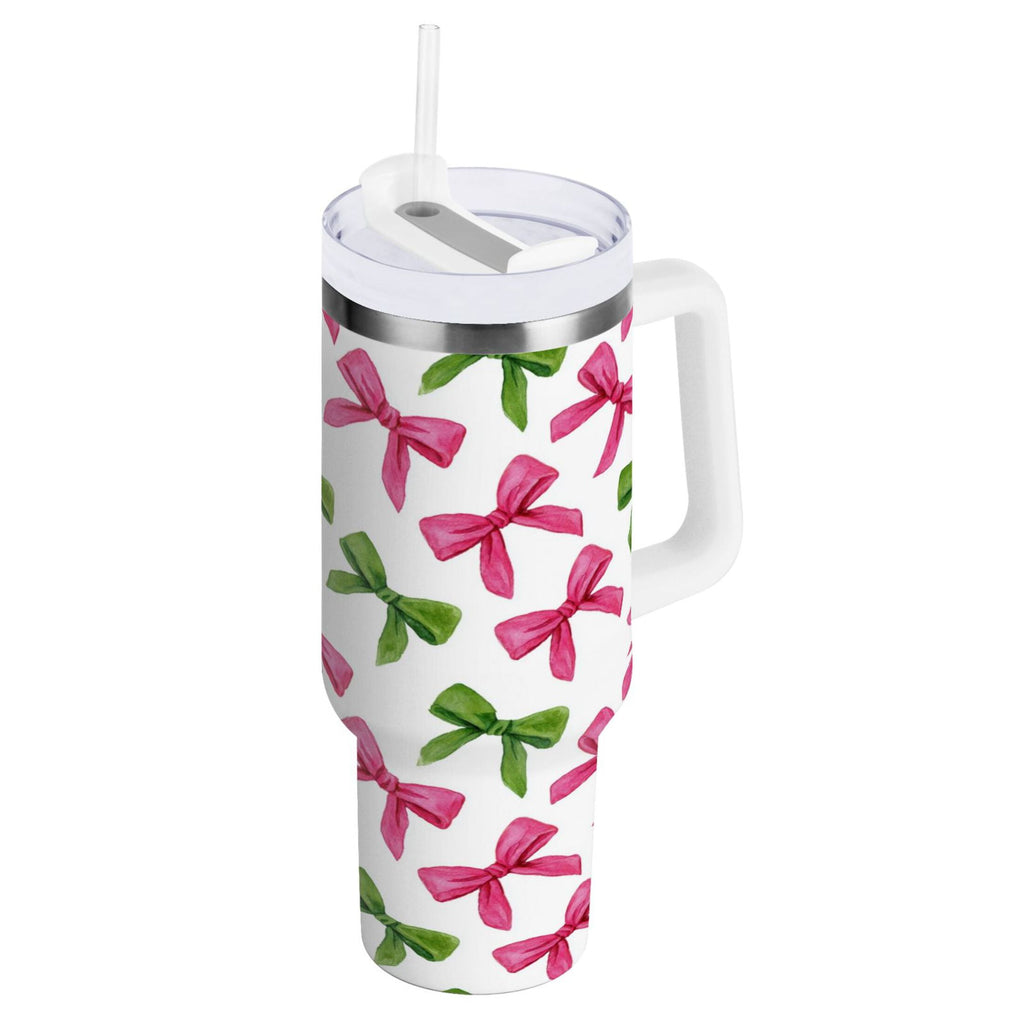 30 oz Insulated Stainless Steel Tumbler Double Wall Stainless Steel Tumbler with 2-Way Drinking Pink Bows and Green Ribbons - Pick 706