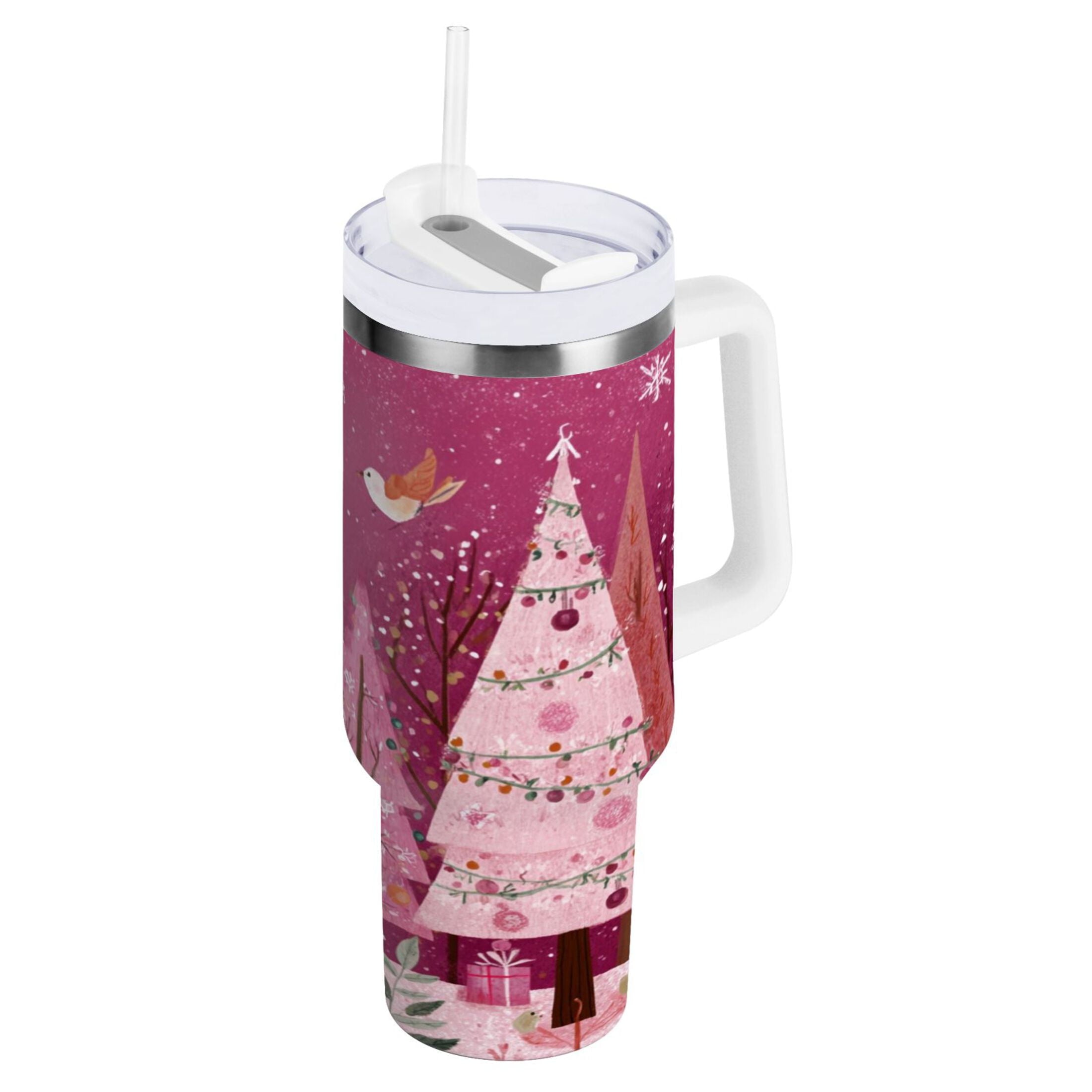 40 oz Insulated Stainless Steel Tumbler Double Wall Stainless Steel Tumbler with 2-Way Drinking Pink Christmas Forest - Pick 480