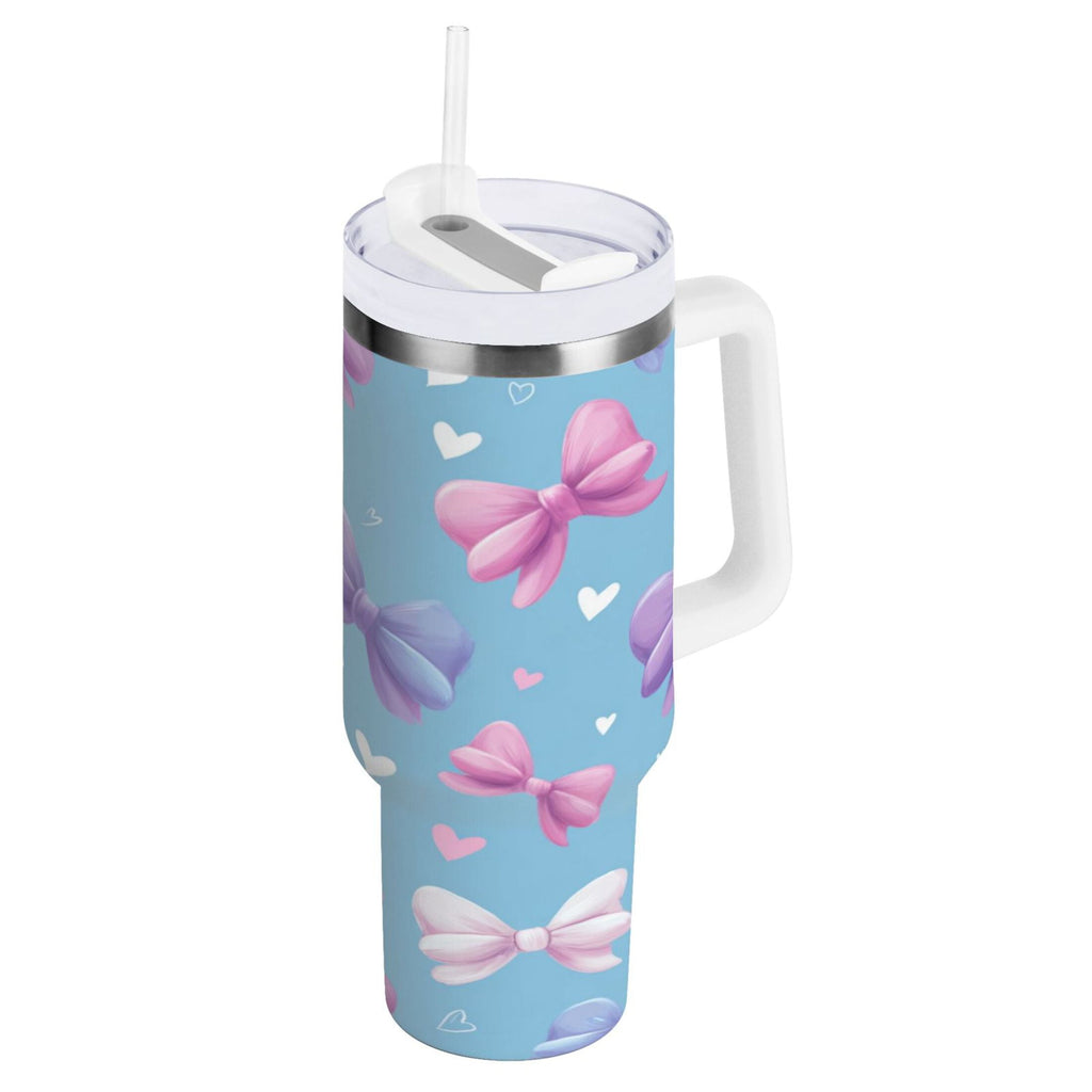 30 oz Insulated Stainless Steel Tumbler Double Wall Stainless Steel Tumbler with 2-Way Drinking Pink and Purple Bows - Pick 357