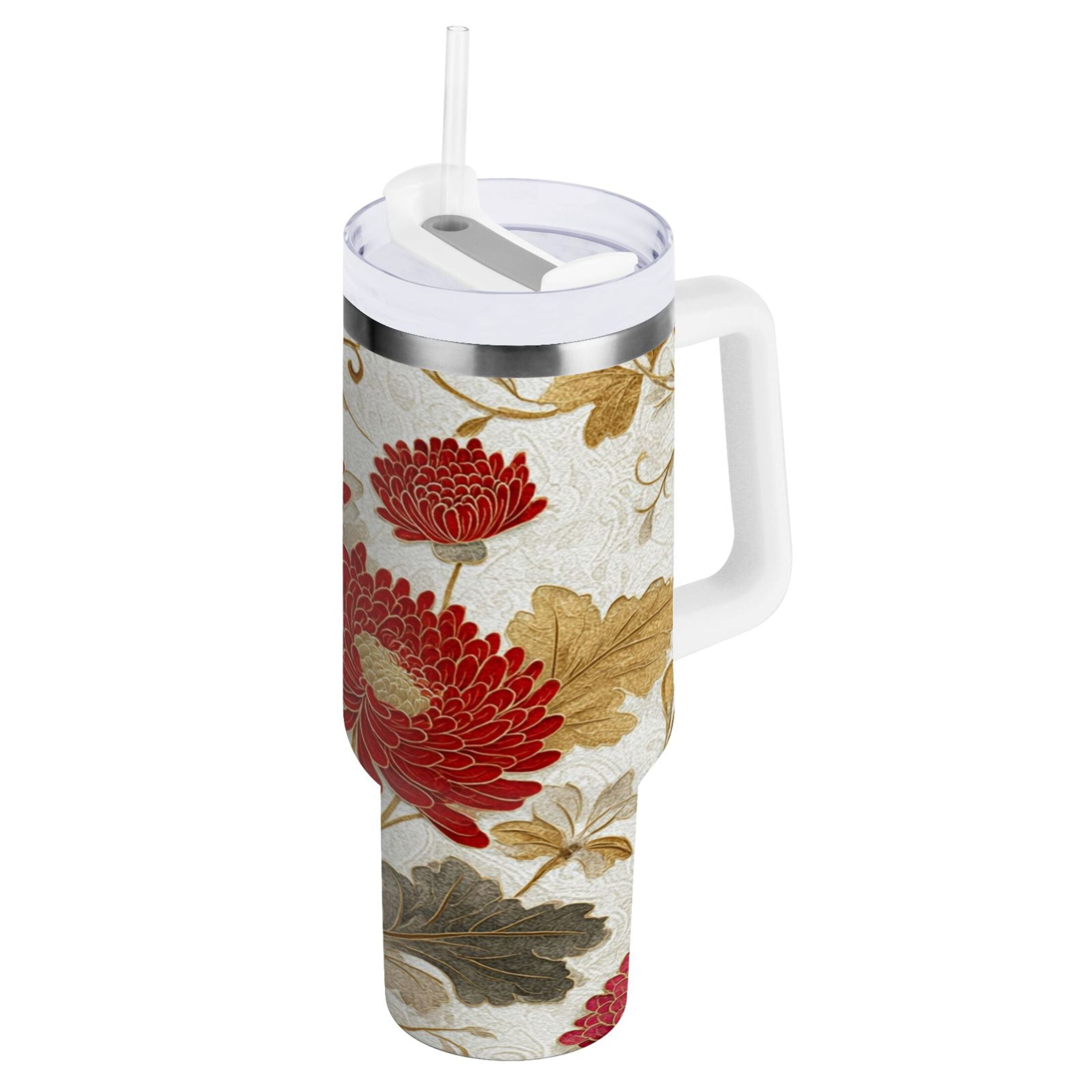 30 oz Insulated Stainless Steel Tumbler Double Wall Stainless Steel Tumbler with 2-Way Drinking Red Chrysanthemum Pattern - Pick 125