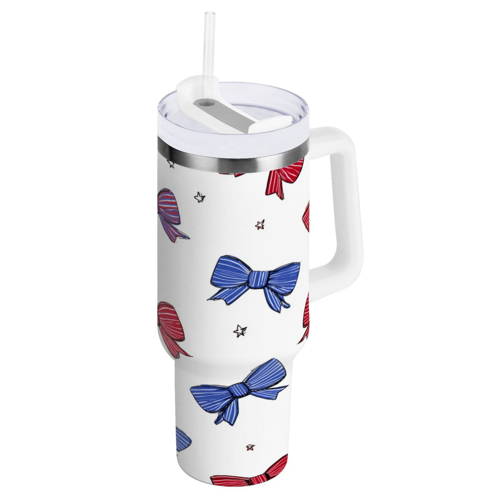 30 oz Insulated Stainless Steel Tumbler Double Wall Stainless Steel Tumbler with 2-Way Drinking Red and Blue Stripe Bows - Pick 524
