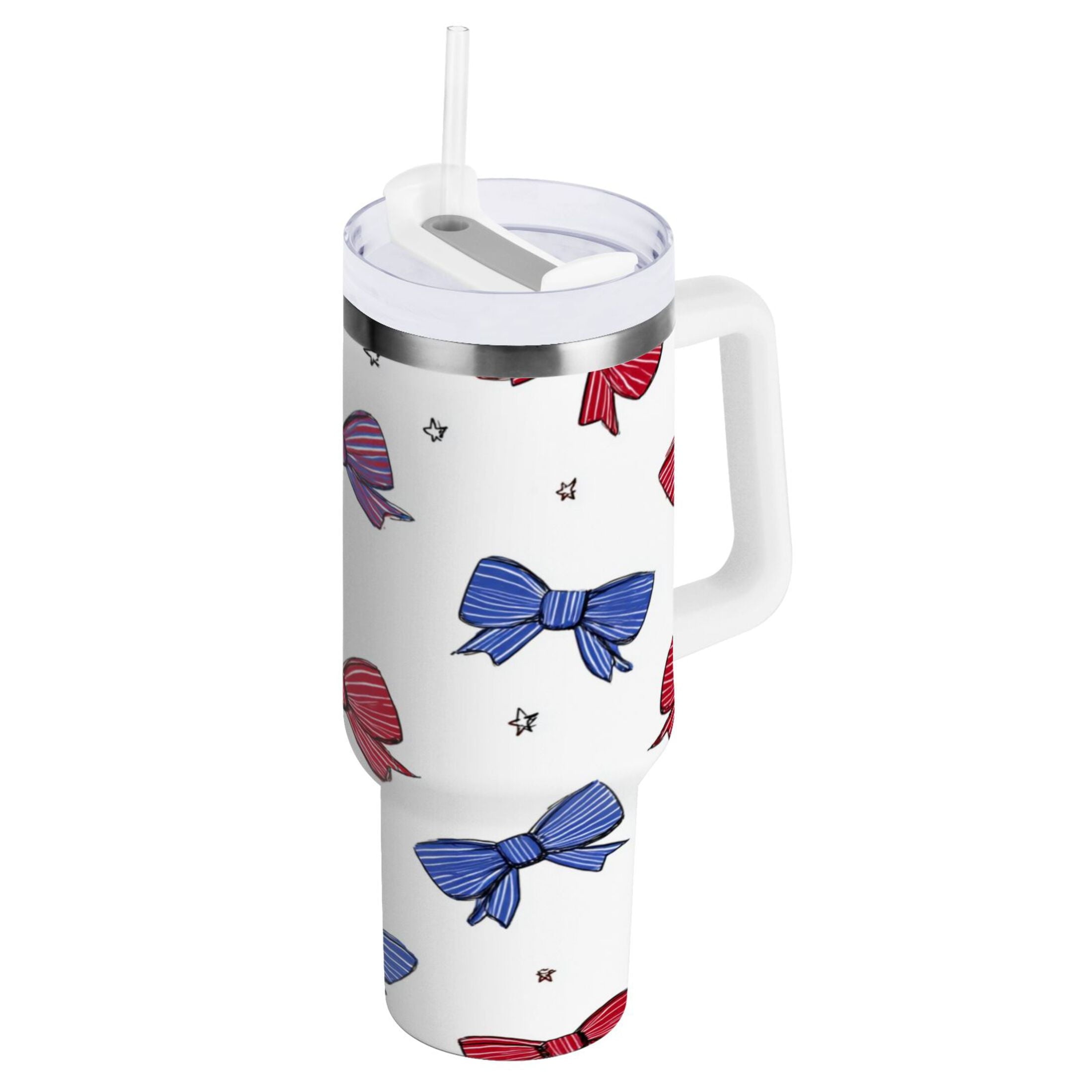 30 oz Insulated Stainless Steel Tumbler Double Wall Stainless Steel Tumbler with 2-Way Drinking Red and Blue Stripe Bows - Pick 524