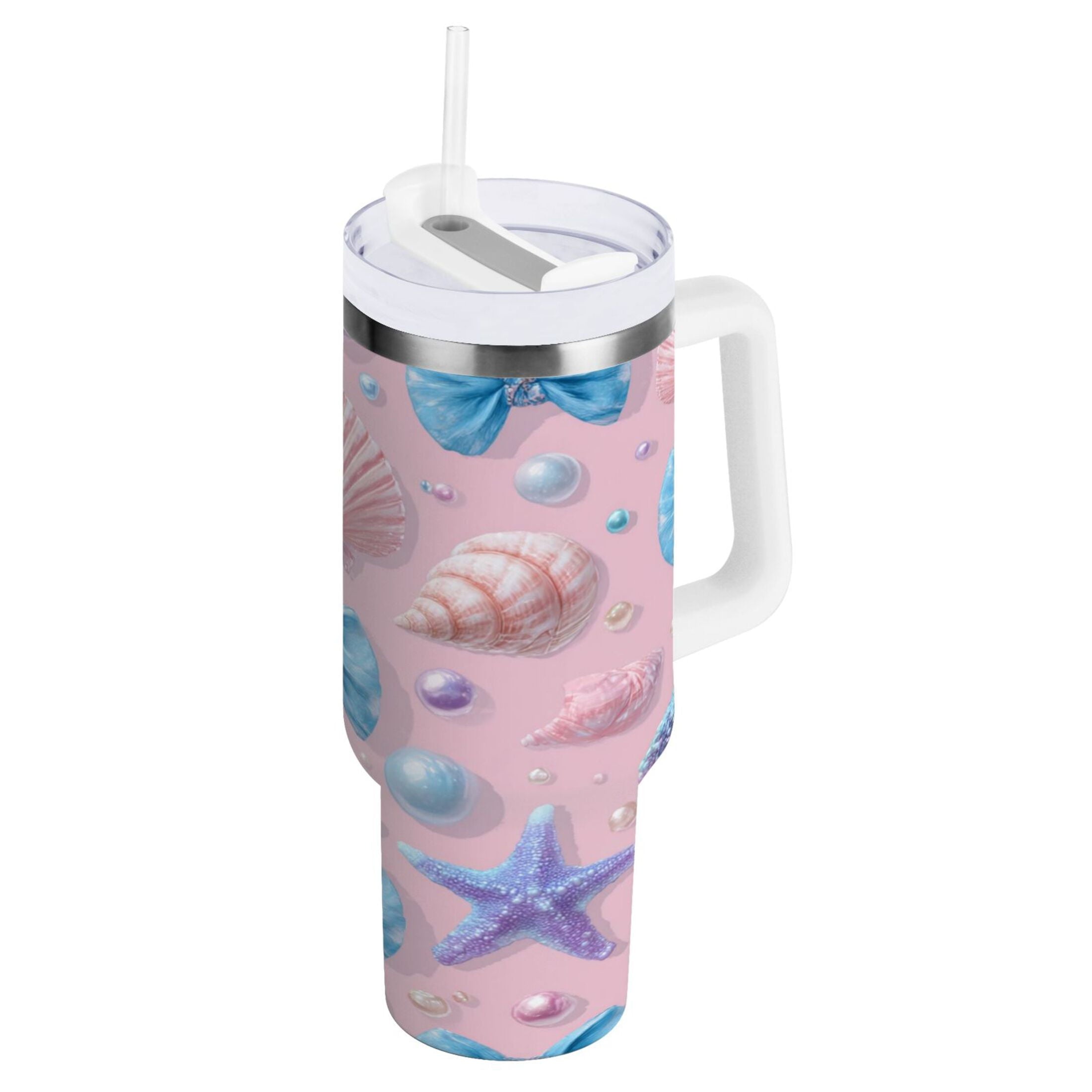 30 oz Insulated Stainless Steel Tumbler Double Wall Stainless Steel Tumbler with 2-Way Drinking Seashells and Bows - Pick 150