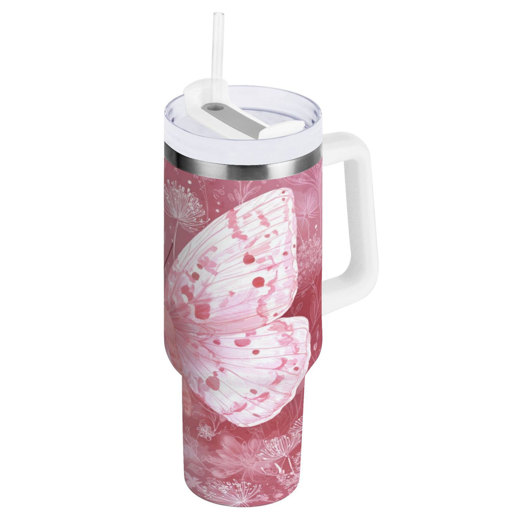 30 oz Insulated Stainless Steel Tumbler Double Wall Stainless Steel Tumbler with 2-Way Drinking Soft Pink Butterfly - Pick 641