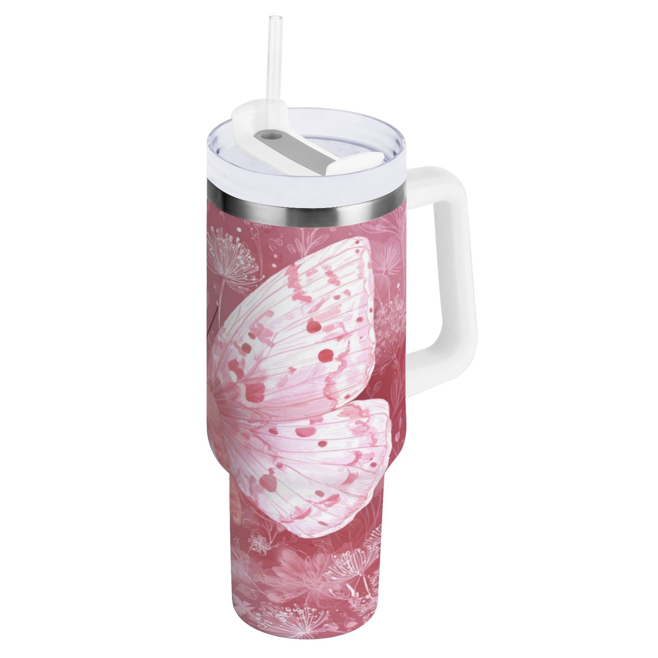 30 oz Insulated Stainless Steel Tumbler Double Wall Stainless Steel Tumbler with 2-Way Drinking Soft Pink Butterfly - Pick 641