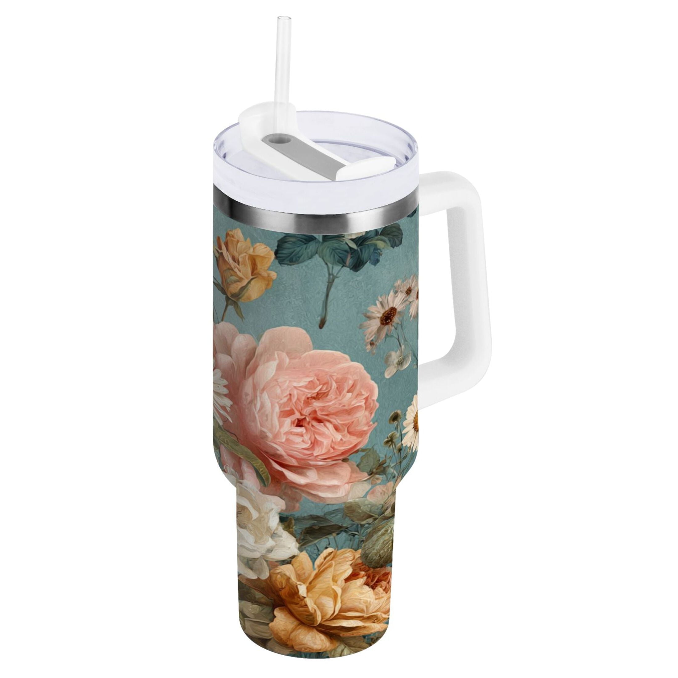 30 oz Insulated Stainless Steel Tumbler Double Wall Stainless Steel Tumbler with 2-Way Drinking Vintage Roses and Peonies - Pick 391