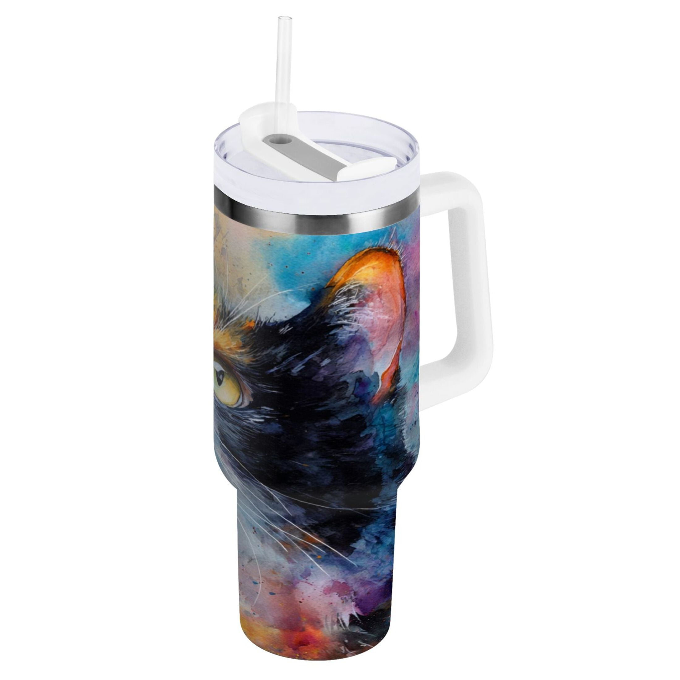 30 oz Insulated Stainless Steel Tumbler Double Wall Stainless Steel Tumbler with 2-Way Drinking Watercolor Calico Cat - Pick 988