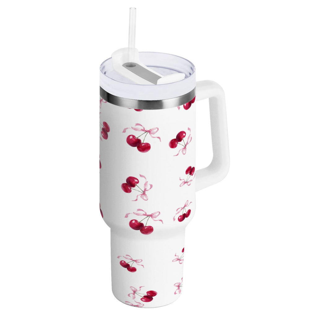 30 oz Insulated Stainless Steel Tumbler Double Wall Stainless Steel Tumbler with 2-Way Drinking Watercolor Cherries Pattern - Pick 266