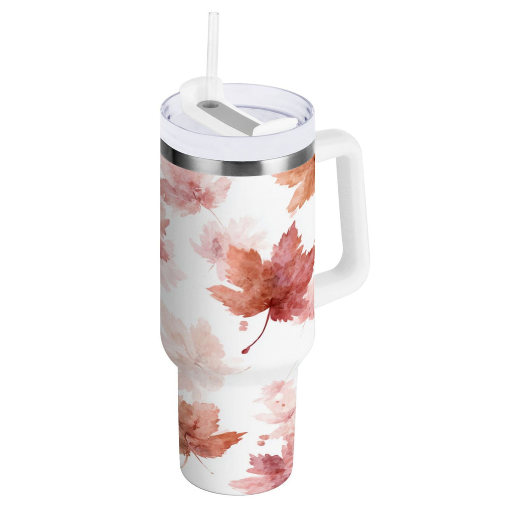 30 oz Insulated Stainless Steel Tumbler Double Wall Stainless Steel Tumbler with 2-Way Drinking Watercolor Pink Maple Leaves - Pick 199