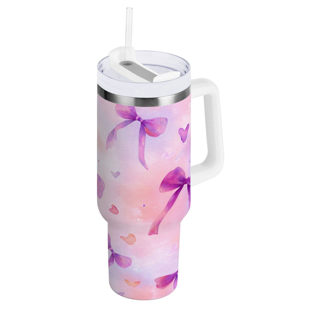 30 oz Insulated Stainless Steel Tumbler Double Wall Stainless Steel Tumbler with 2-Way Drinking Watercolor Purple Bows - Pick 260