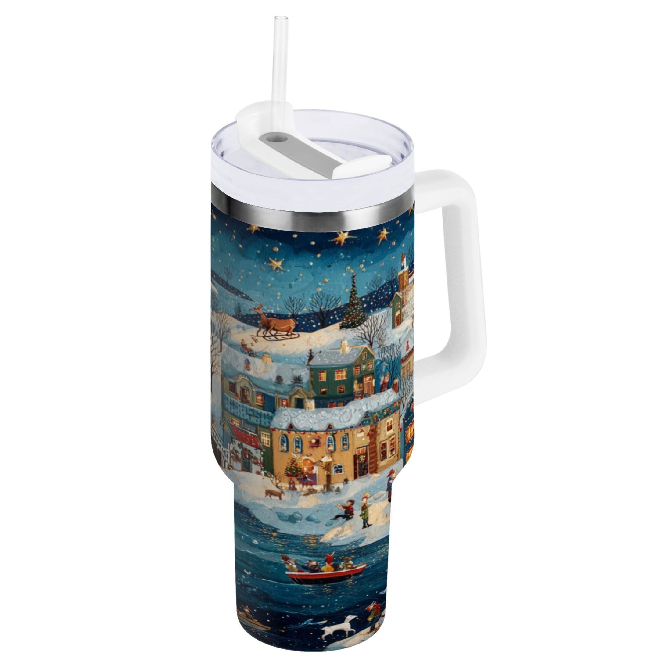 30 oz Insulated Stainless Steel Tumbler Double Wall Stainless Steel Tumbler with 2-Way Drinking Whimsical Christmas Scene - Pick 243