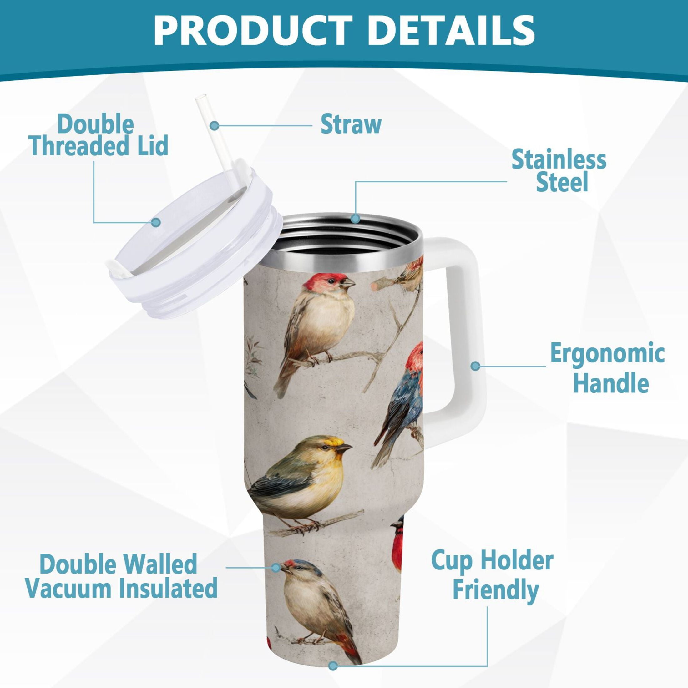 40 oz Insulated Stainless Steel Tumbler Double Wall Stainless Steel Tumbler with 2-Way Drinking Birds Pattern - Pick 301
