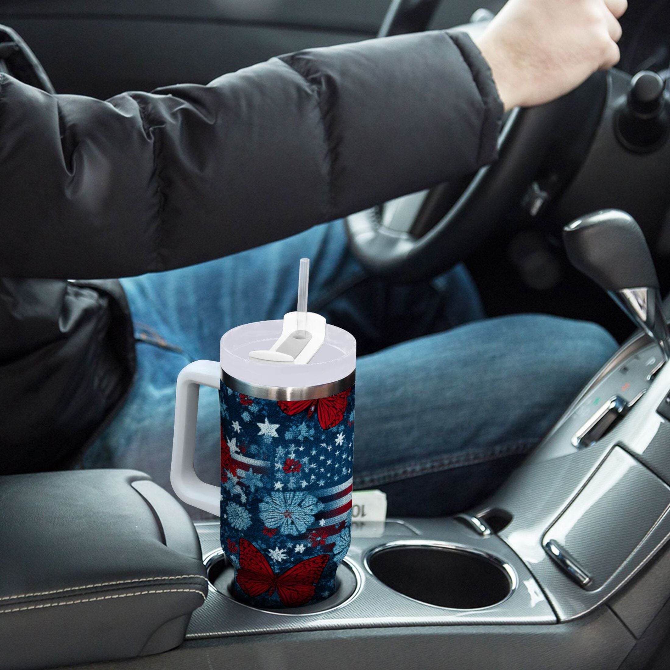 30 oz Insulated Stainless Steel Tumbler Double Wall Stainless Steel Tumbler with 2-Way Drinking Red Butterflies and Flags - Pick 334