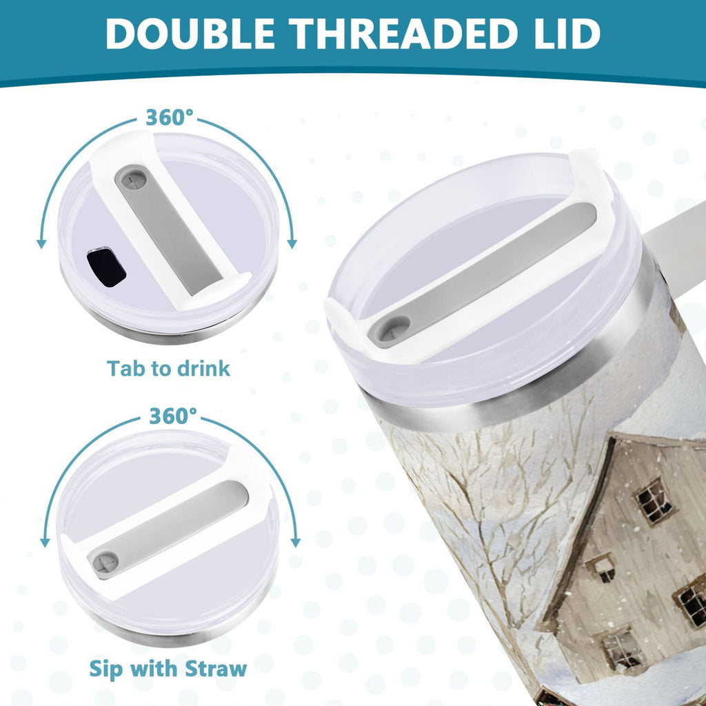 40 oz Insulated Stainless Steel Tumbler Double Wall Stainless Steel Tumbler with 2-Way Drinking Farm Snow Scene - Pick 311