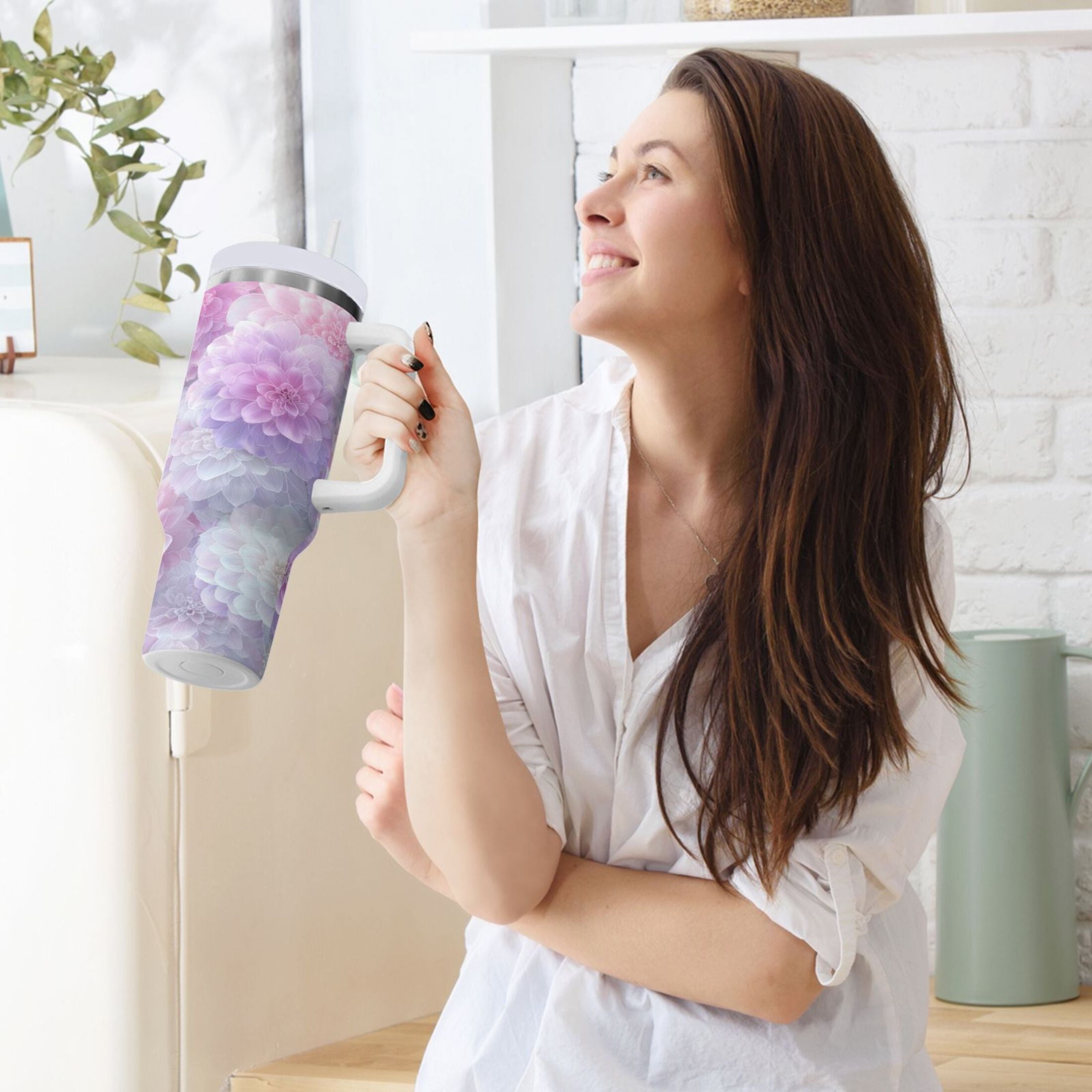 30 oz Insulated Stainless Steel Tumbler Double Wall Stainless Steel Tumbler with 2-Way Drinking Cute Pastel Watercolor Floral - Pick 789