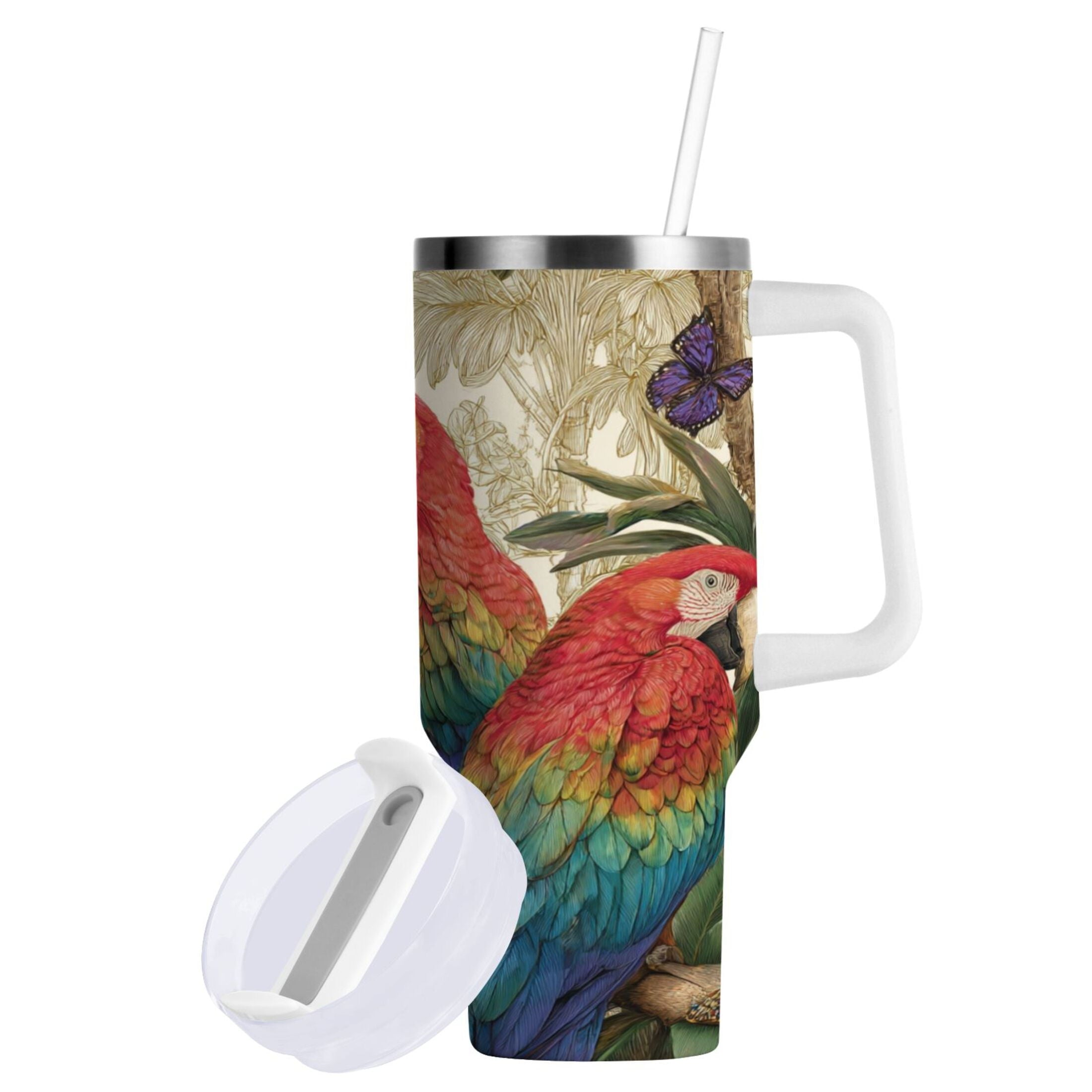 30 oz Insulated Stainless Steel Tumbler Double Wall Stainless Steel Tumbler with 2-Way Drinking Colorful Beautiful Parrots - Pick 300