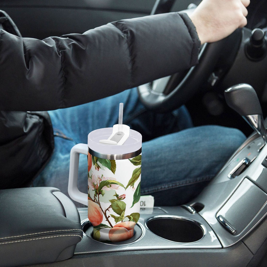 30 oz Insulated Stainless Steel Tumbler Double Wall Stainless Steel Tumbler with 2-Way Drinking Peach Fruit Pattern - Pick 393